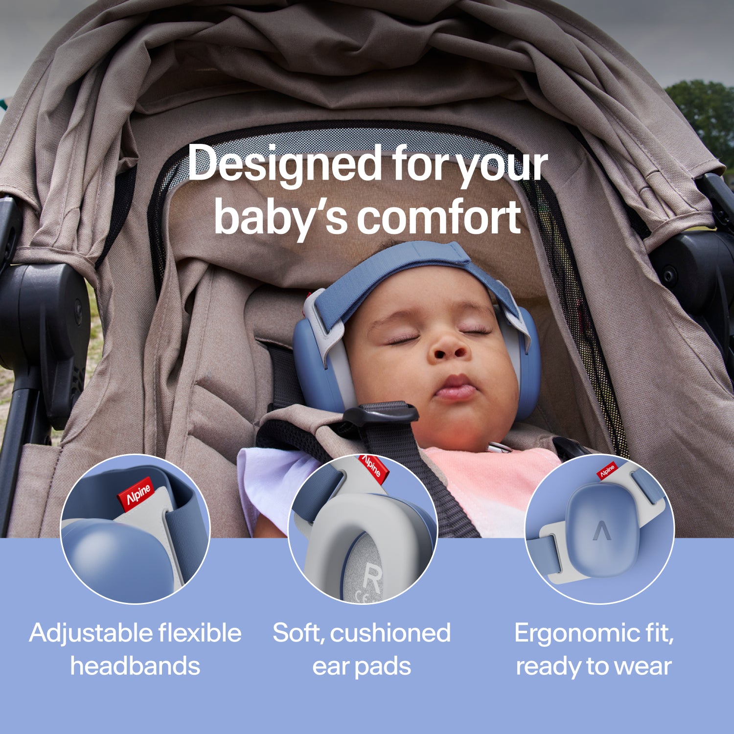Sleeping baby wearing blue Alpine ear muffs in stroller, adjustable headband and soft ear pads