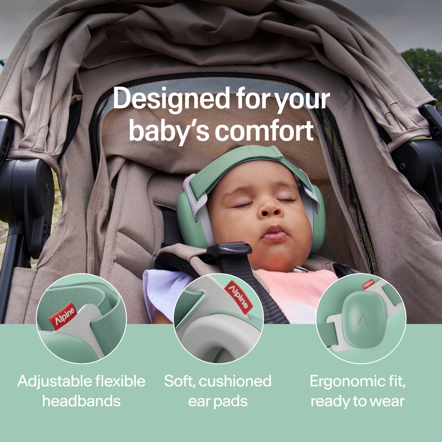 Sleeping baby wearing sage-green Alpine ear muffs in stroller, adjustable headband and soft ear pads