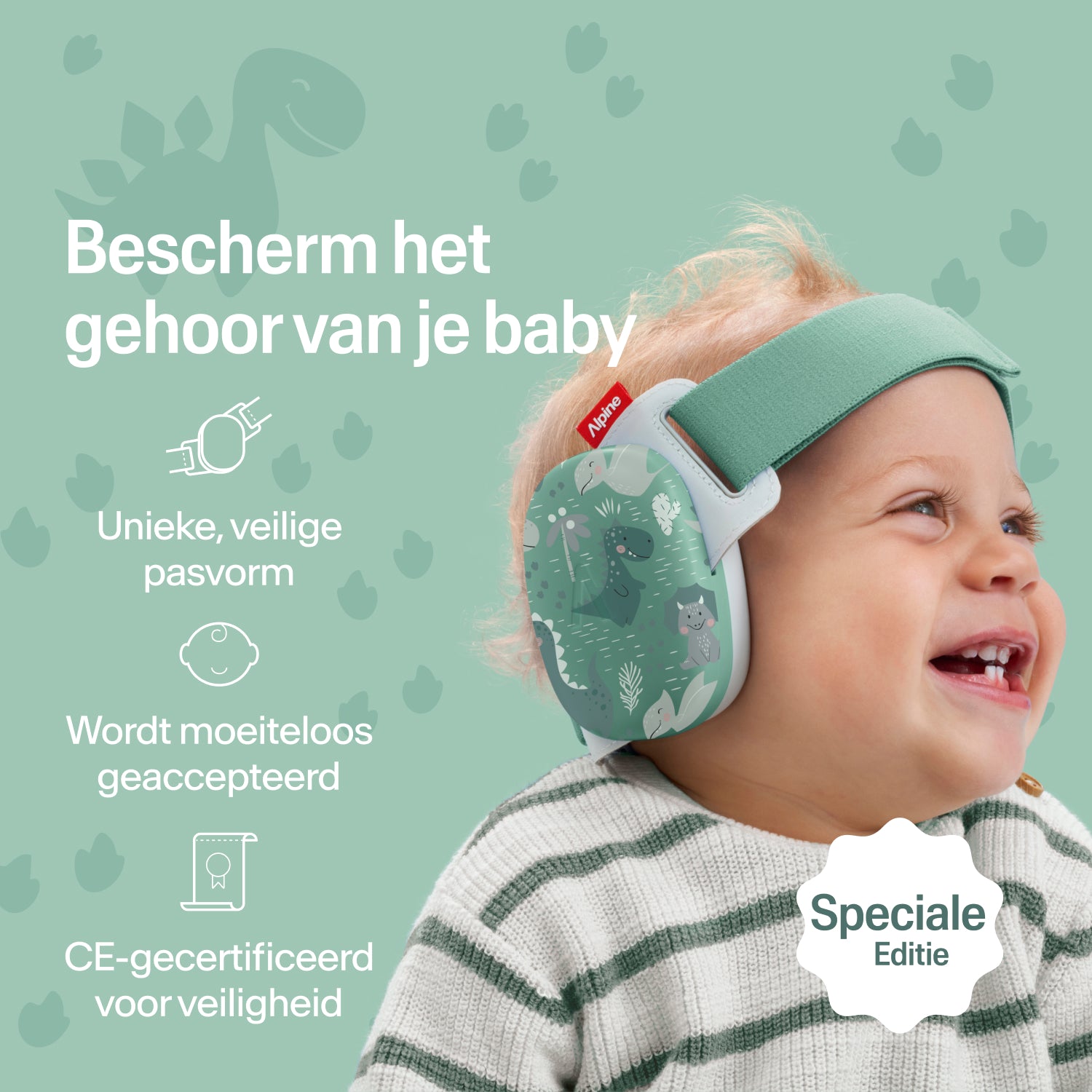 Blije baby draagt dinos Alpine oorkappen met stevige pasvorm, CE-gecertificeerde gehoorbescherming