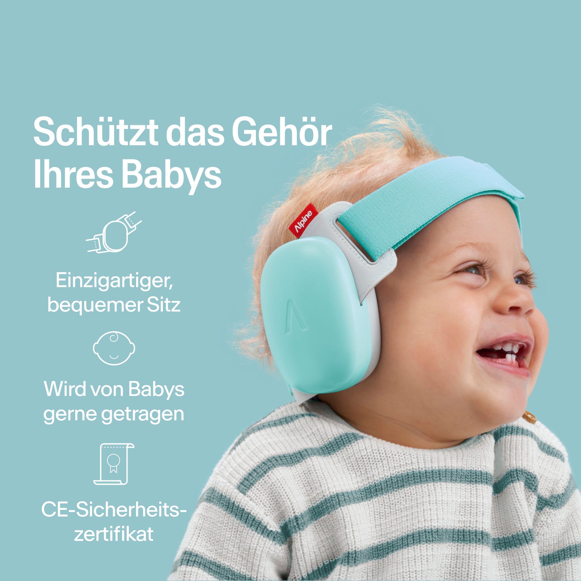 Fröhliches Baby trägt Alpine Gehörschutz fresh aqua, sicherer Sitz, CE-zertifizierter Gehörschutz