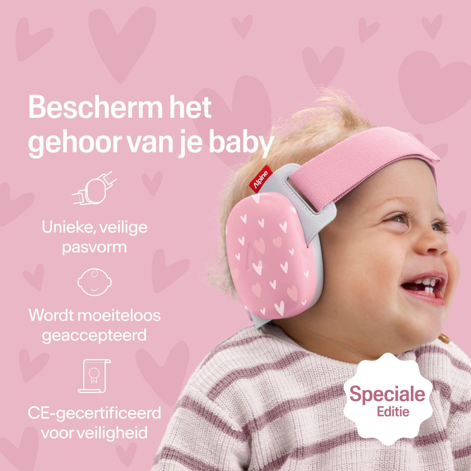 Blije baby draagt hearts Alpine oorkappen met stevige pasvorm, CE-gecertificeerde gehoorbescherming