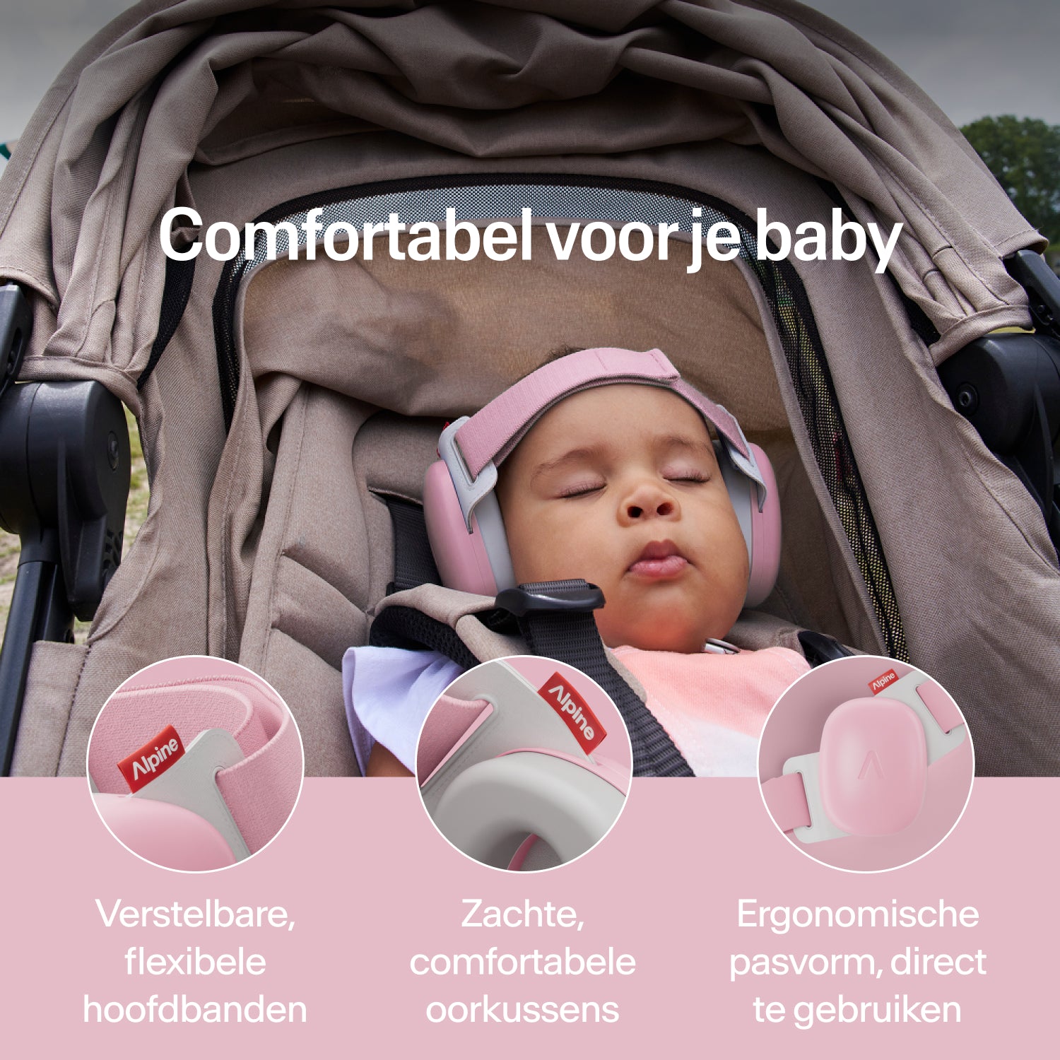 Slapende baby in kinderwagen met roze Alpine gehoorbescherming; verstelbare band, zachte oorkussens