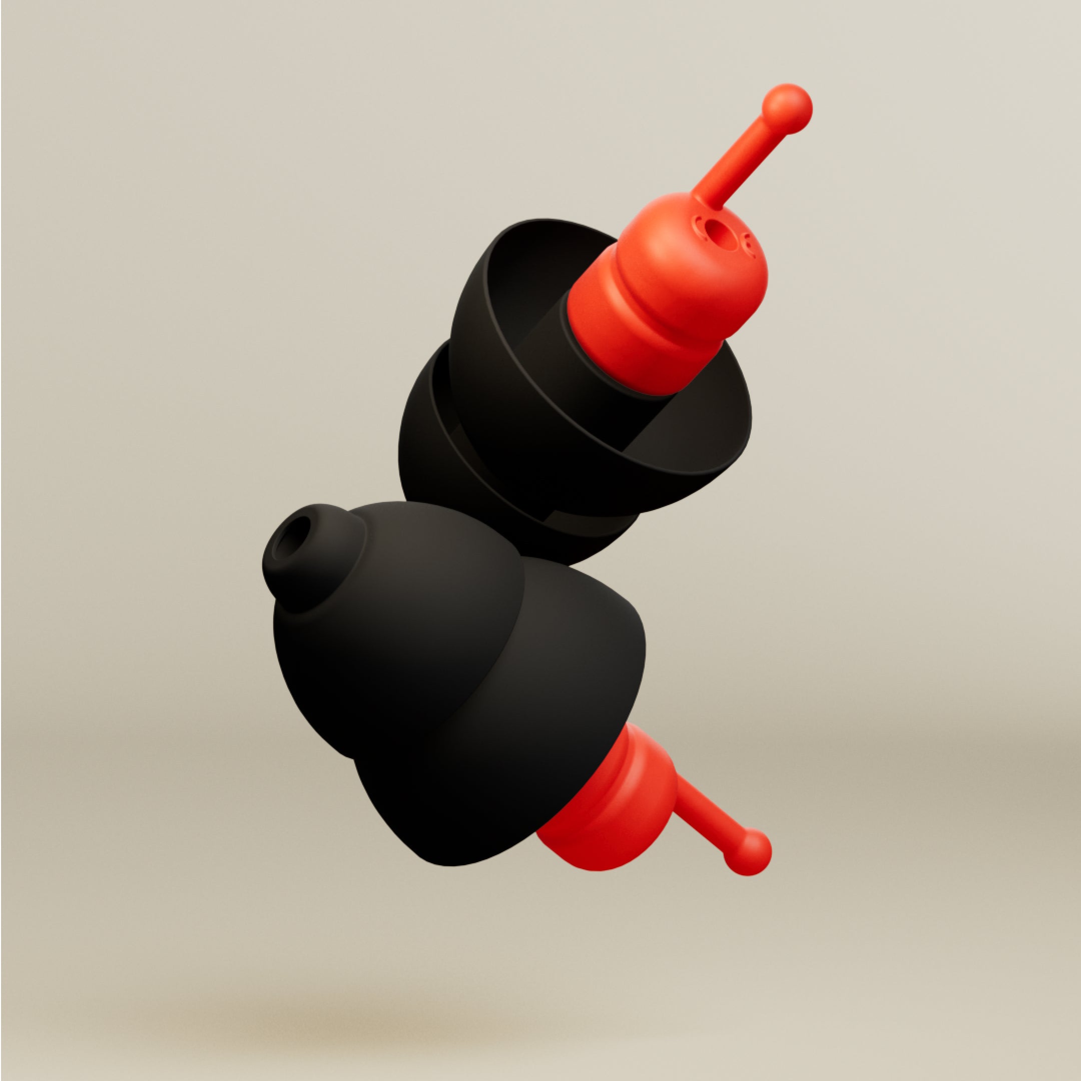 Pair of black Alpine MotoGP™ Earplugs with red filters and pull stems, 3D render