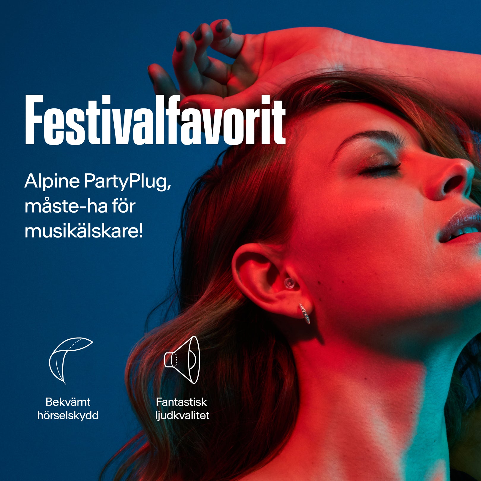 Alpine PartyPlug öronplugg buren av en kvinna på en festival, med fokus på komfort och ljudkvalitet