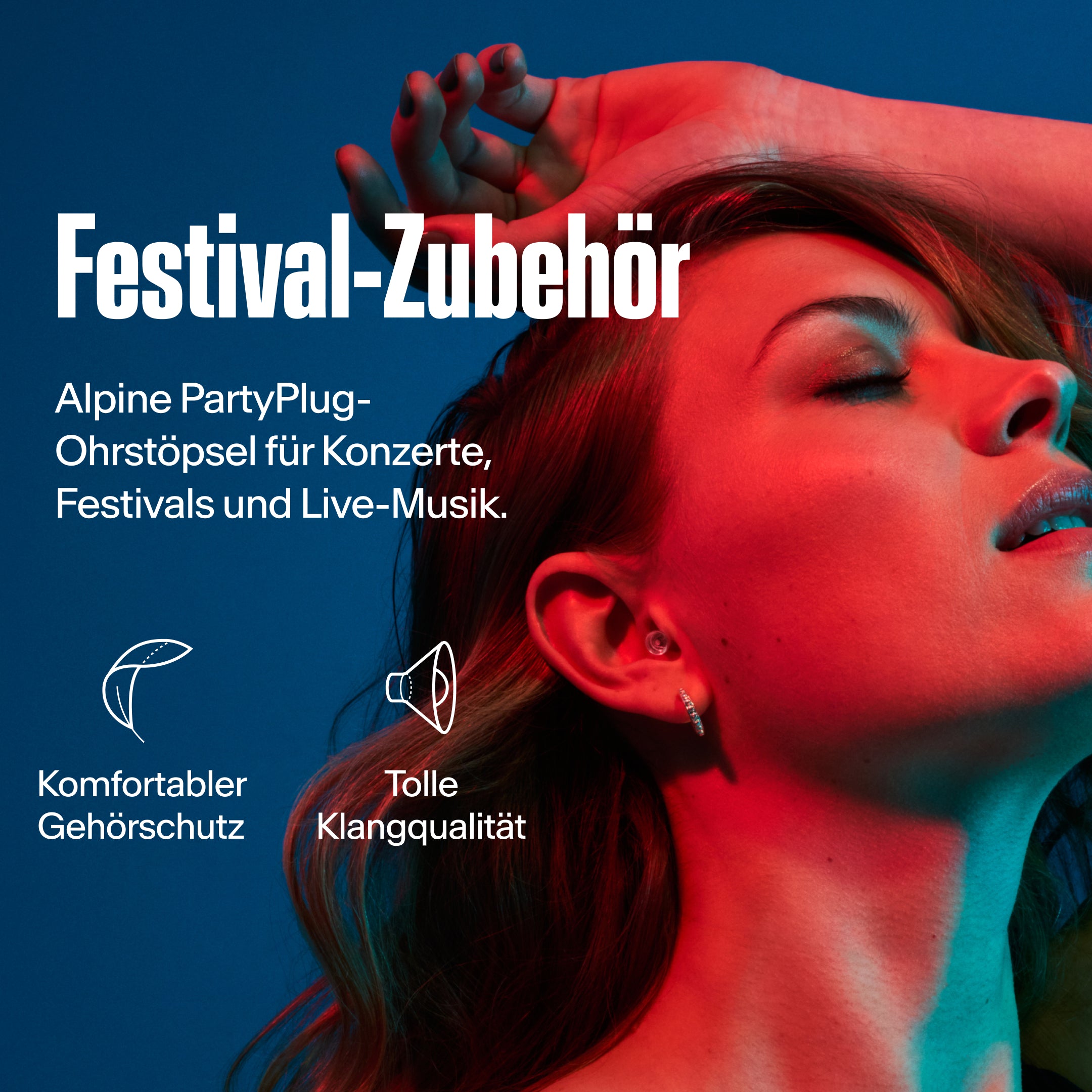 Alpine PartyPlug Ohrstöpsel, getragen von einer Frau auf einem Festival, mit Fokus auf Komfort und Klangqualität.
