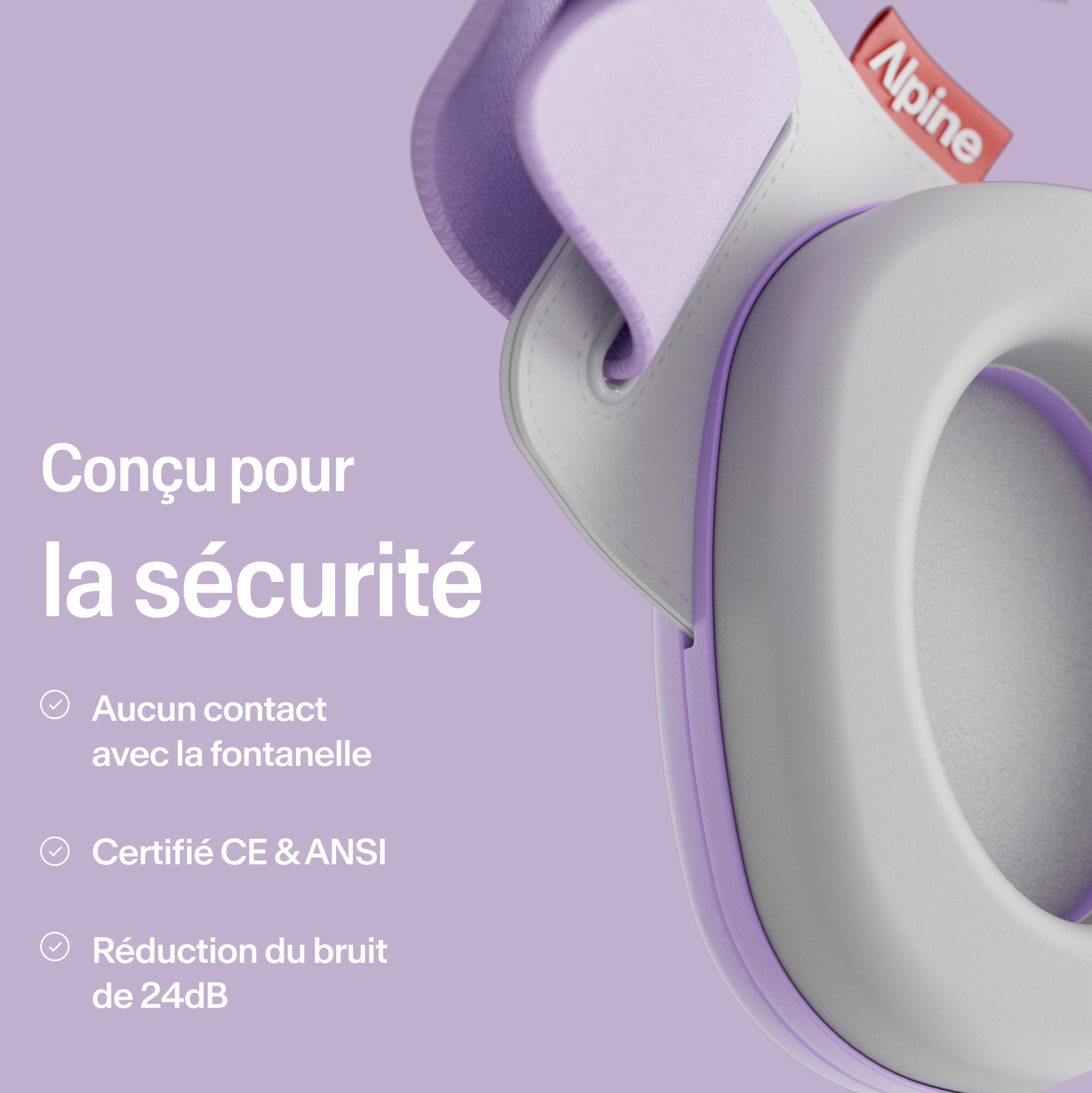 Gros plan Alpine Muffy Baby en dawn purple avec explication sur la sécurité du produit