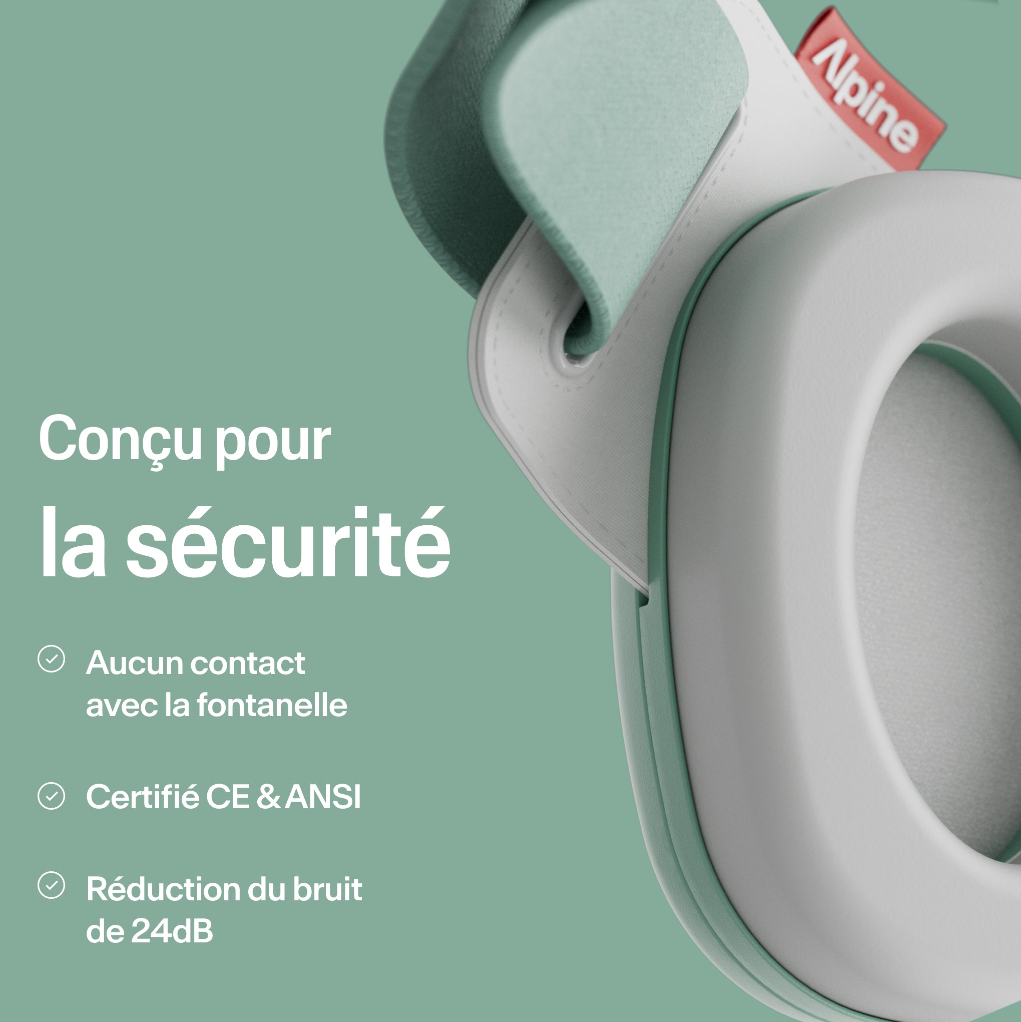 Gros plan Alpine Muffy Baby en sage green avec explication sur la sécurité du produit #color_sage-green