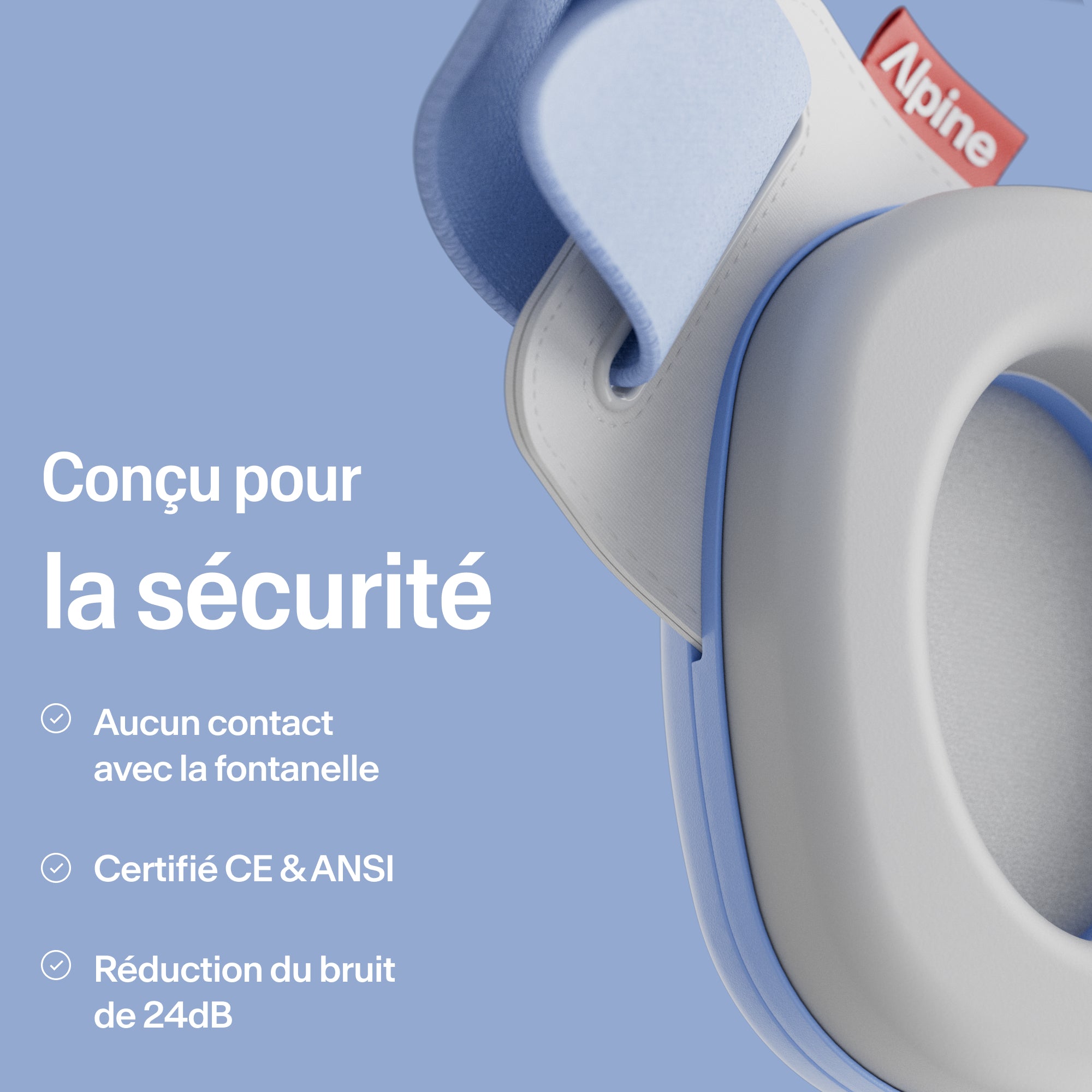 Gros plan Alpine Muffy Baby en sky blue avec explication sur la sécurité du produit