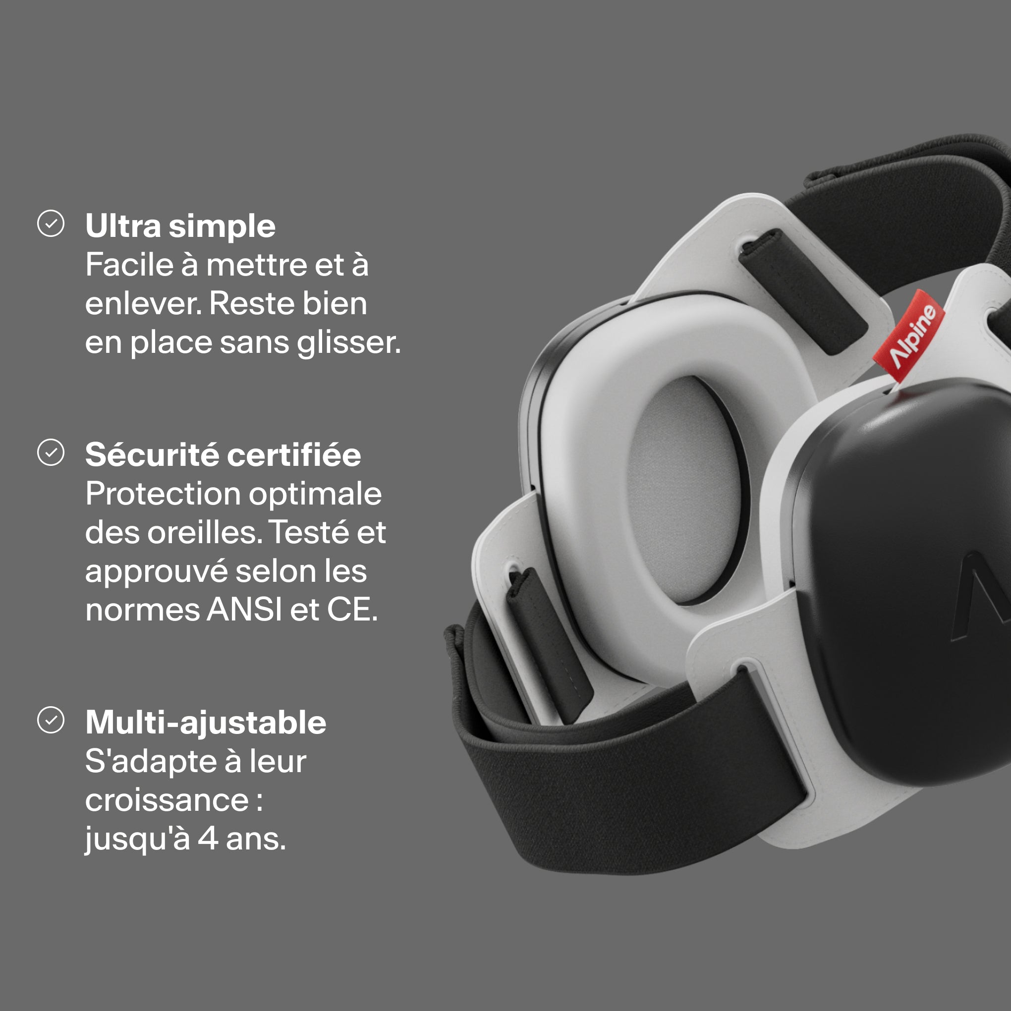 Rendu Alpine Muffy Baby en noir avec trois USPs : facile pour enfants, protection et ajustable