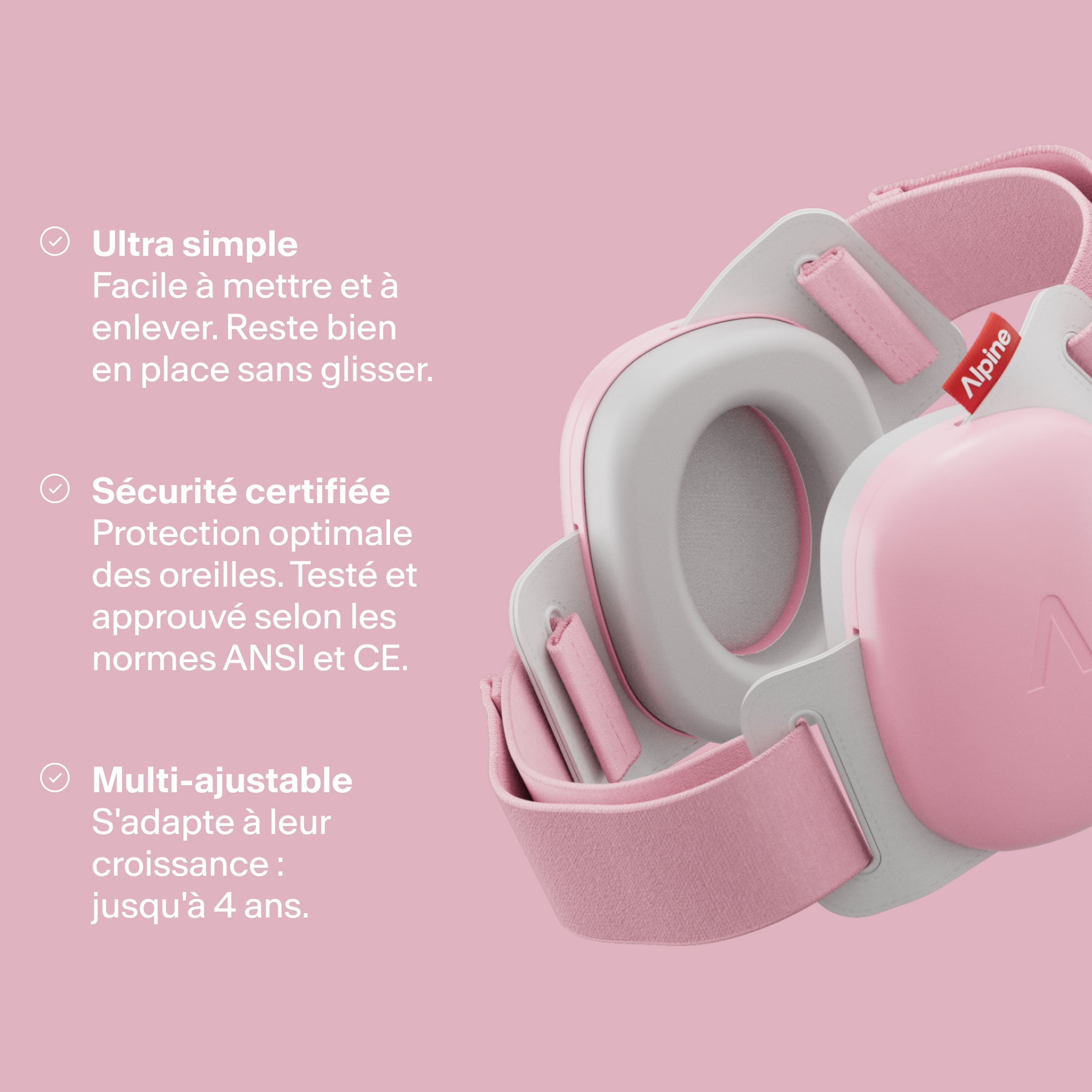 Rendu Alpine Muffy Baby en rose pink avec trois USPs : facile pour enfants, protection et ajustable