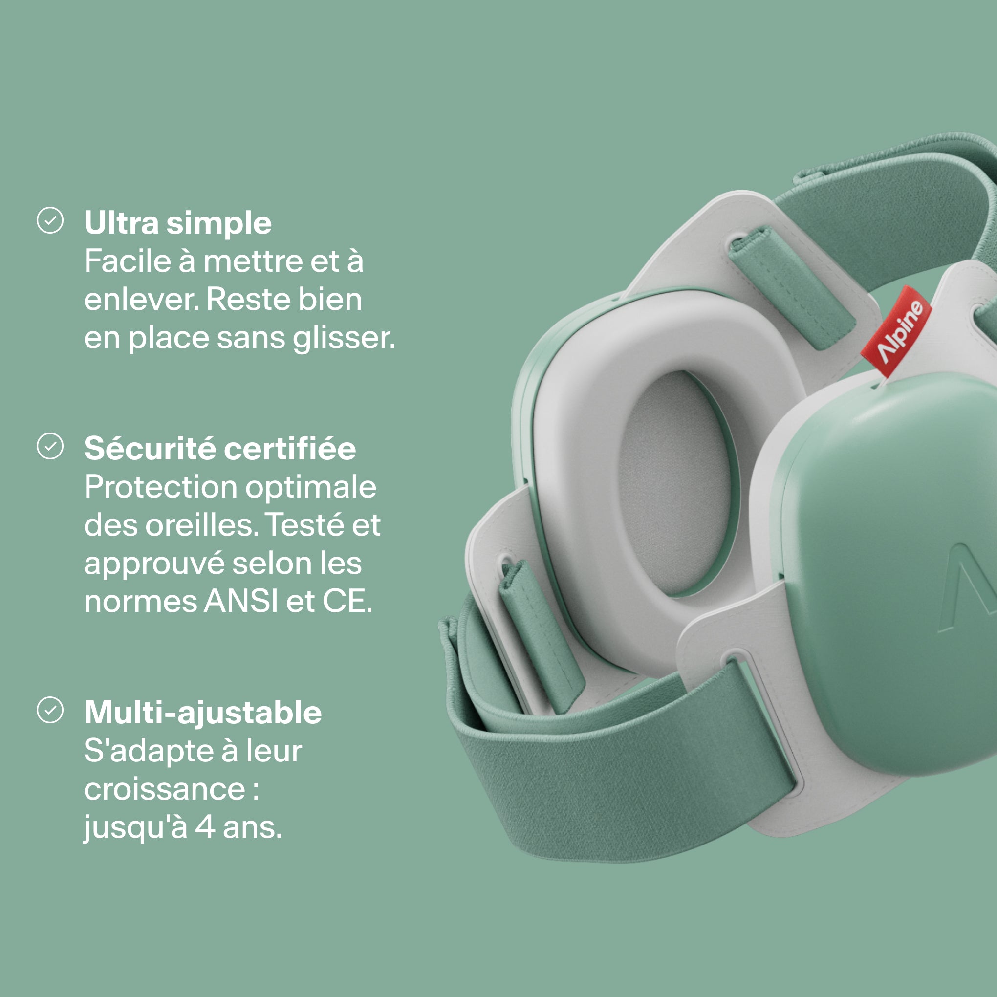 Rendu Alpine Muffy Baby en sage green avec trois USPs : facile pour enfants, protection et ajustable