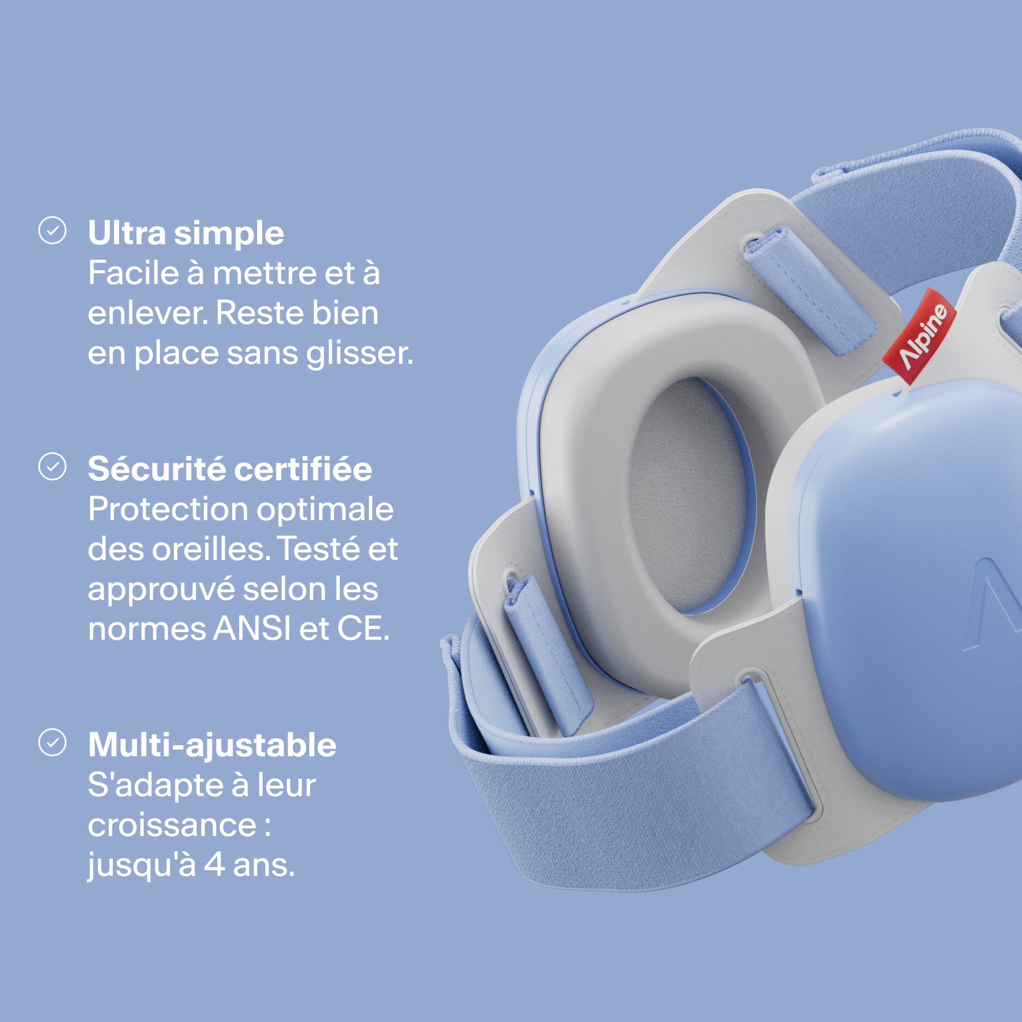 Rendu Alpine Muffy Baby en sky blue avec trois USPs : facile pour enfants, protection et ajustable