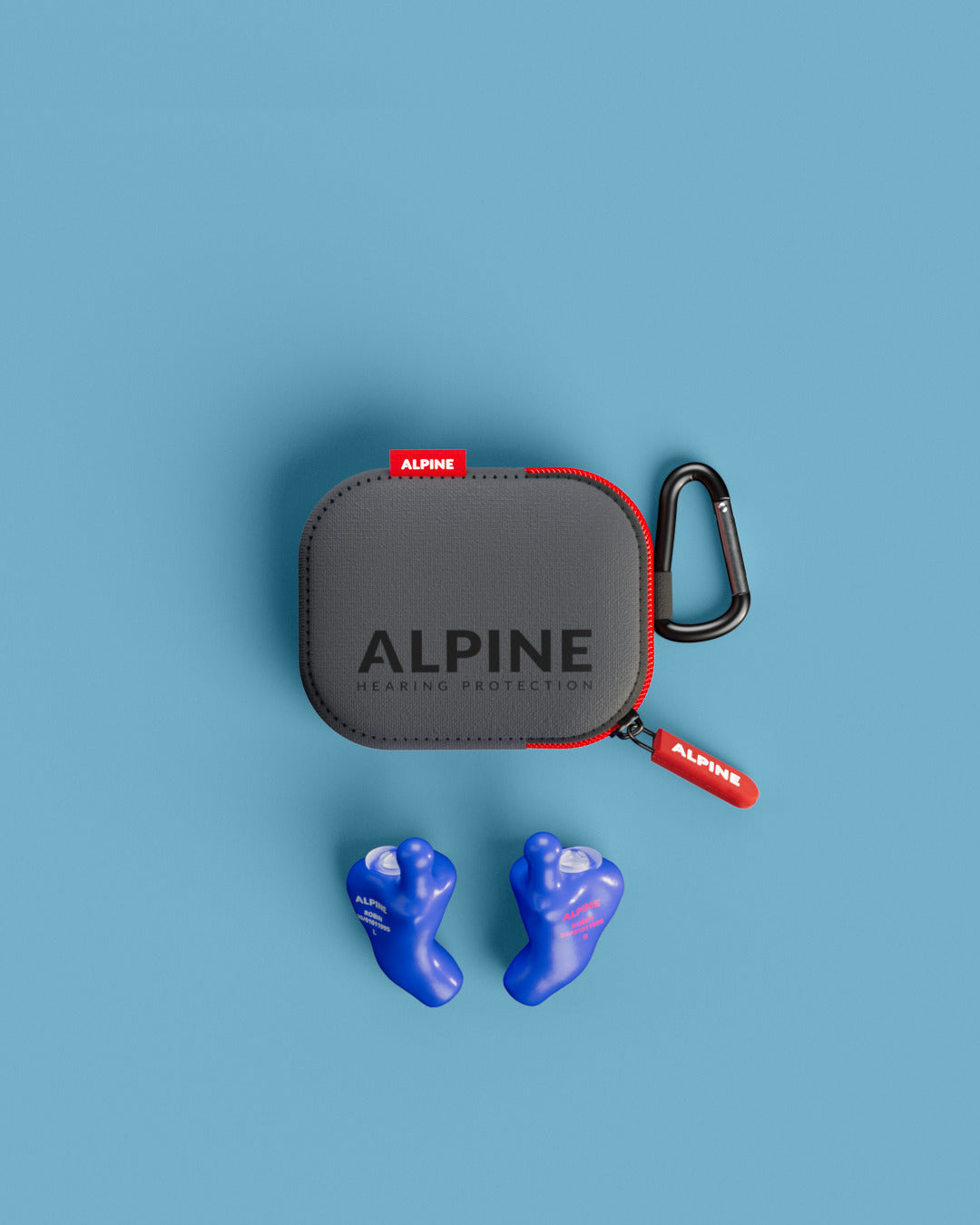 Vue d’ensemble des bouchons d’oreilles Alpine MusicSafe Sur Mesure 4D avec accessoires bleu