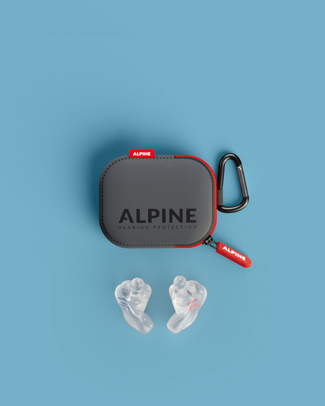 Vue d’ensemble des bouchons d’oreilles Alpine MusicSafe Sur Mesure 4D avec accessoires transparent