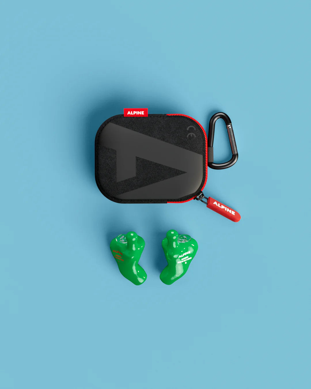 Vue d’ensemble des bouchons d’oreilles Alpine MusicSafe Sur Mesure 4D avec accessoires vert
