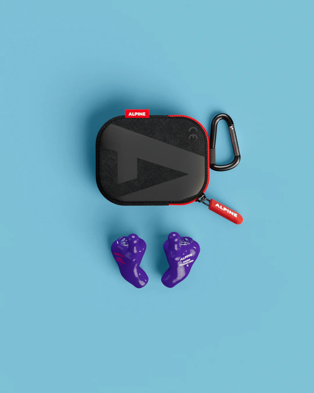 Vue d’ensemble des bouchons d’oreilles Alpine MusicSafe Sur Mesure 4D avec accessoires violet