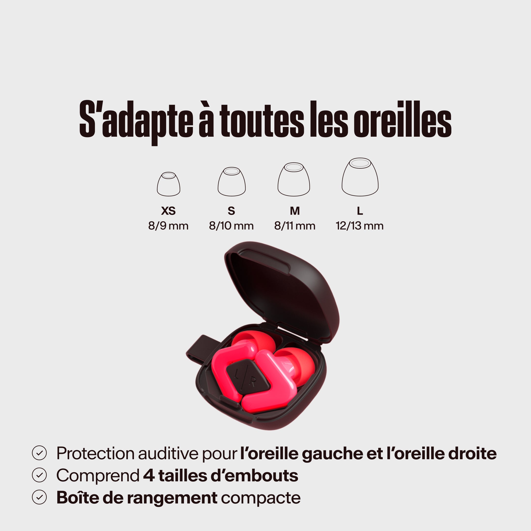 Alpine Tune dans l’étui avec différentes tailles d’embouts en neon-pink