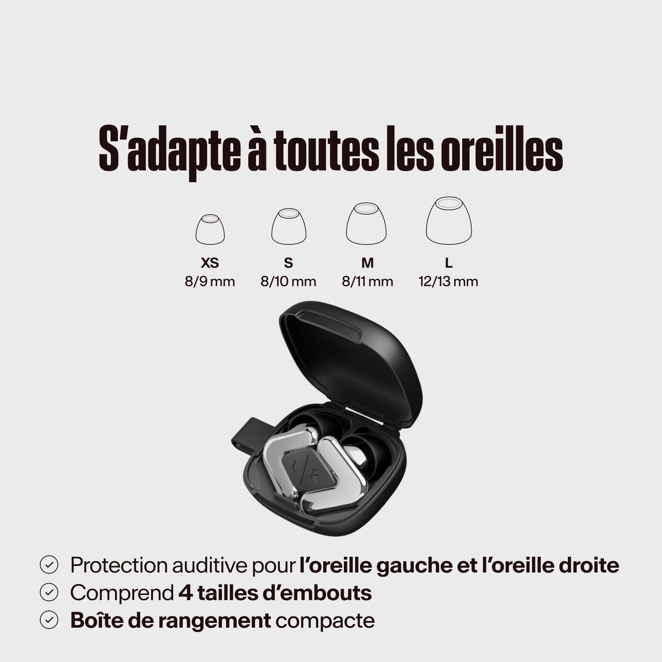 Alpine Tune dans l’étui avec différentes tailles d’embouts en silver