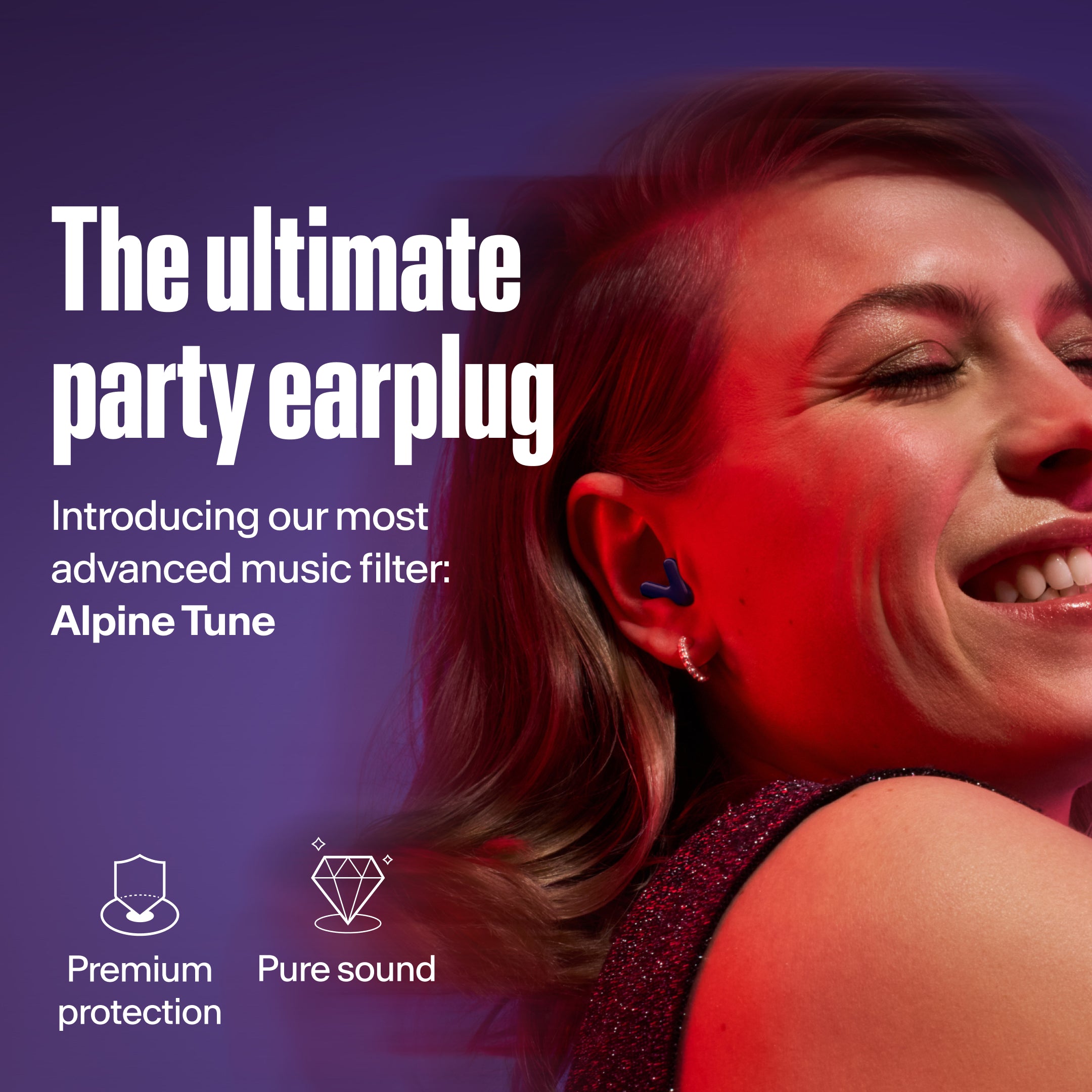 Woman wears Alpine Tune in dark-blue showcases advanced music filter USP