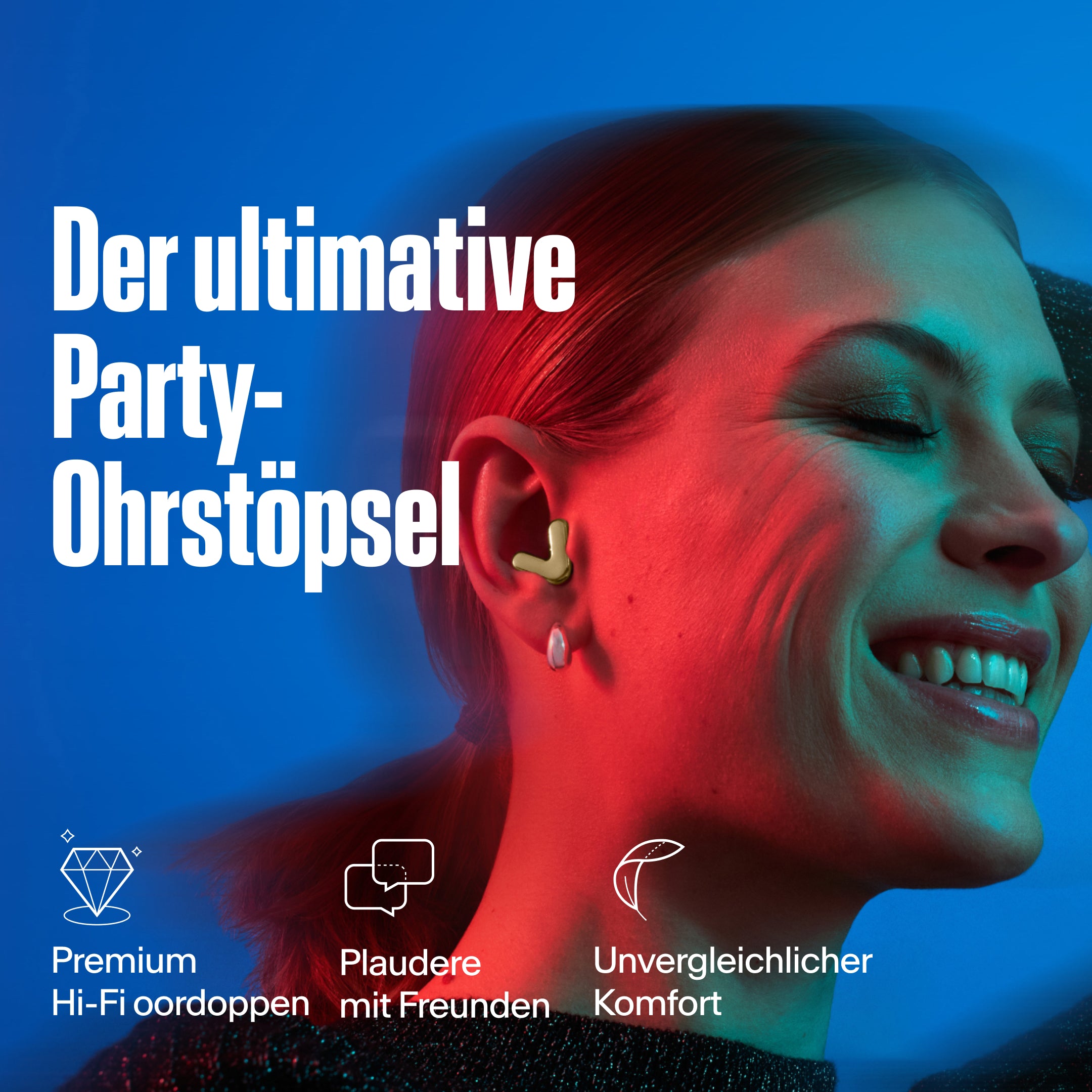 Frau trägt Alpine Tune in Gold – zeigt USP fortschrittlicher Musikfilter