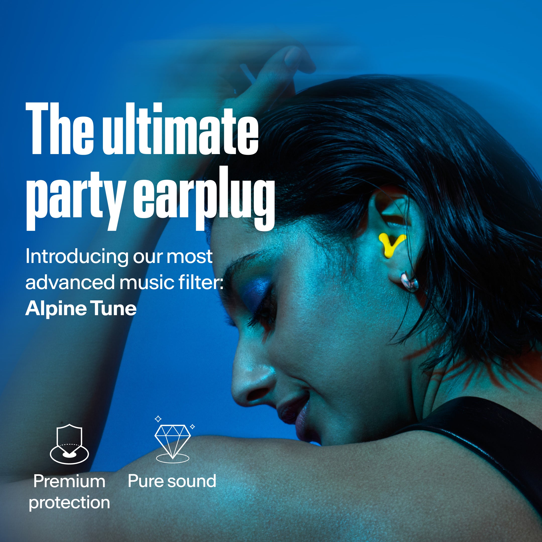 Woman wears Alpine Tune in neon-yellow showcases advanced music filter USP