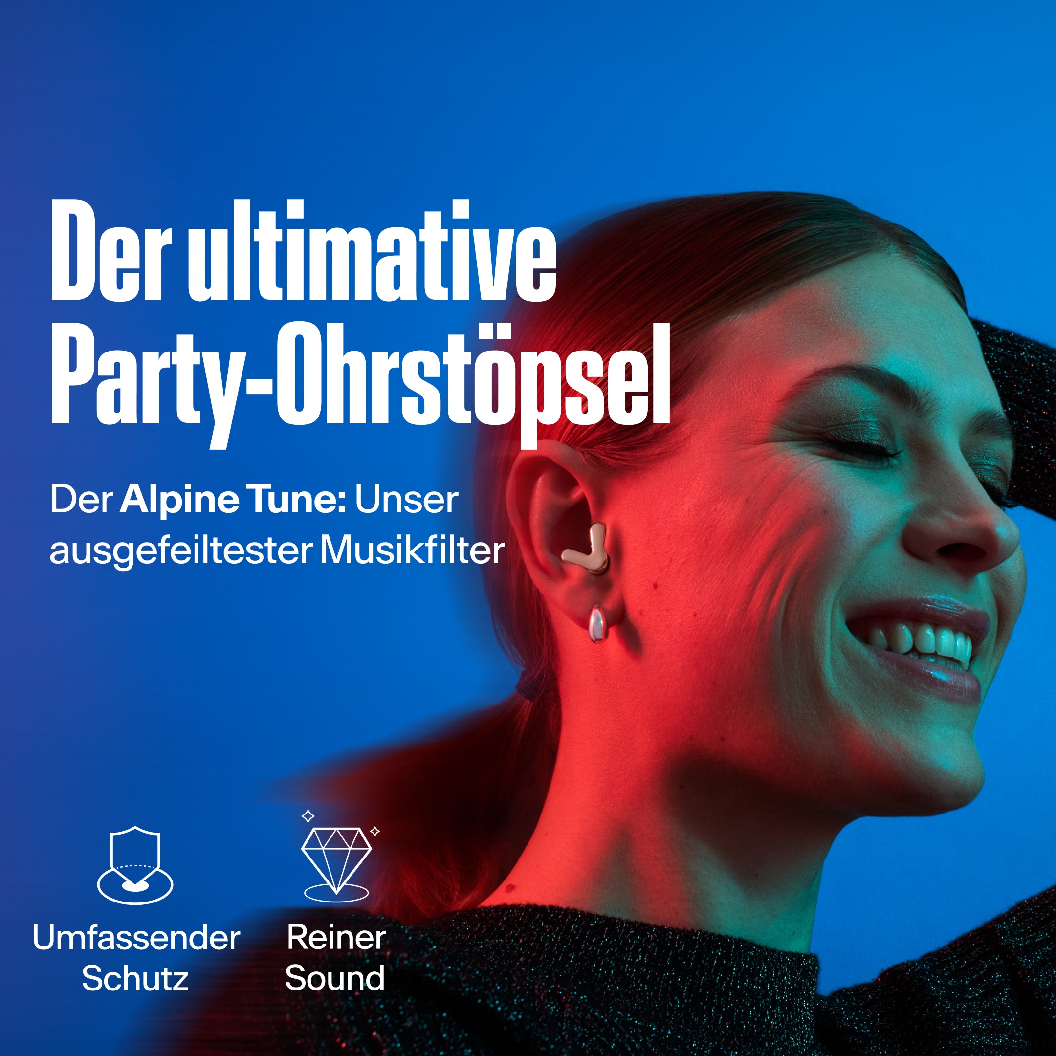 Frau trägt Alpine Tune in Roségold – zeigt USP fortschrittlicher Musikfilter