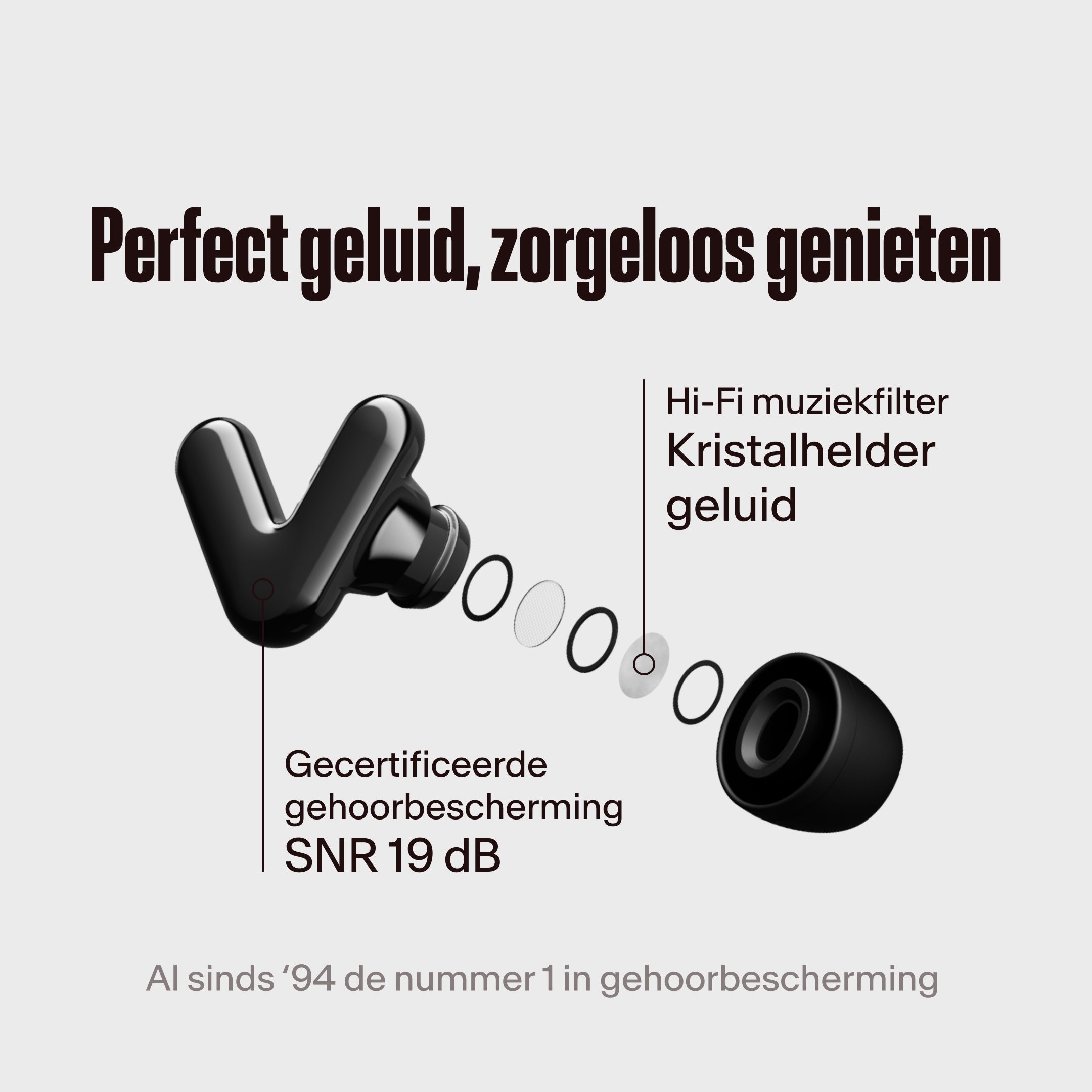 Alpine Tune zwarte oordopjes met hifi-filter uitgelicht, met de tekst &