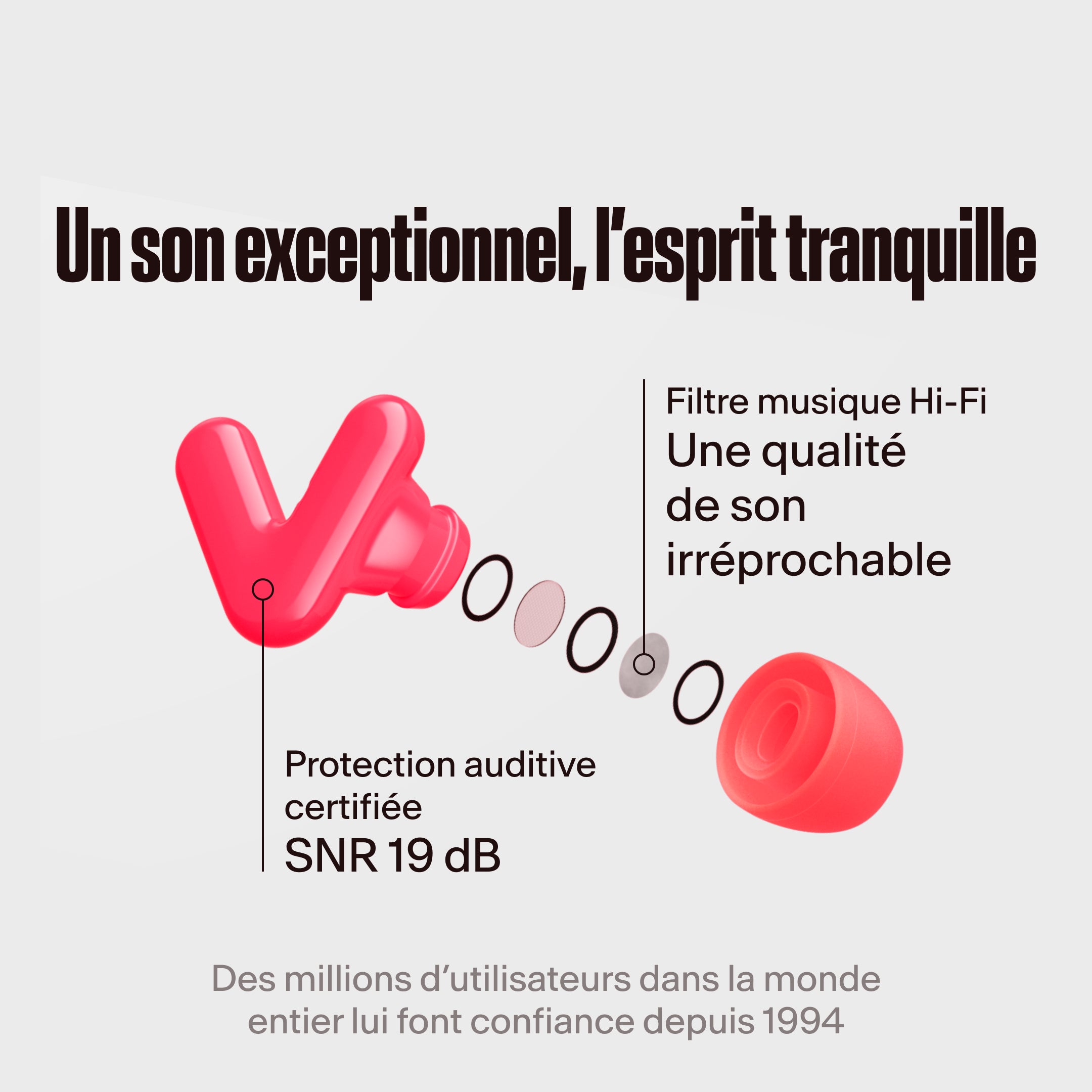 Écouteurs Alpine Tune rose néon avec filtre hi-fi mis en avant, avec le texte &