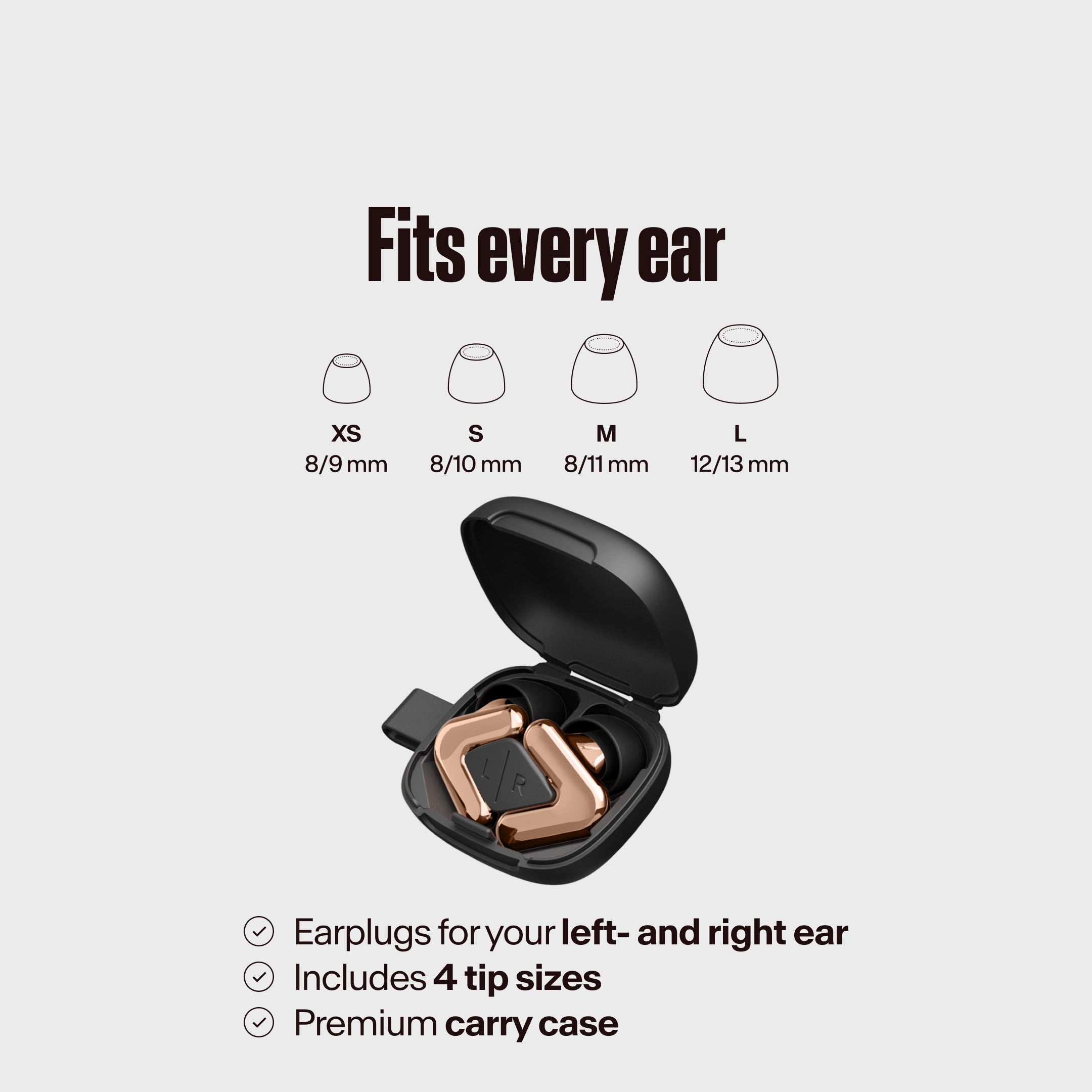 Alpine Tune rose-gold packaging, text "Fits every ear", with eartips and box