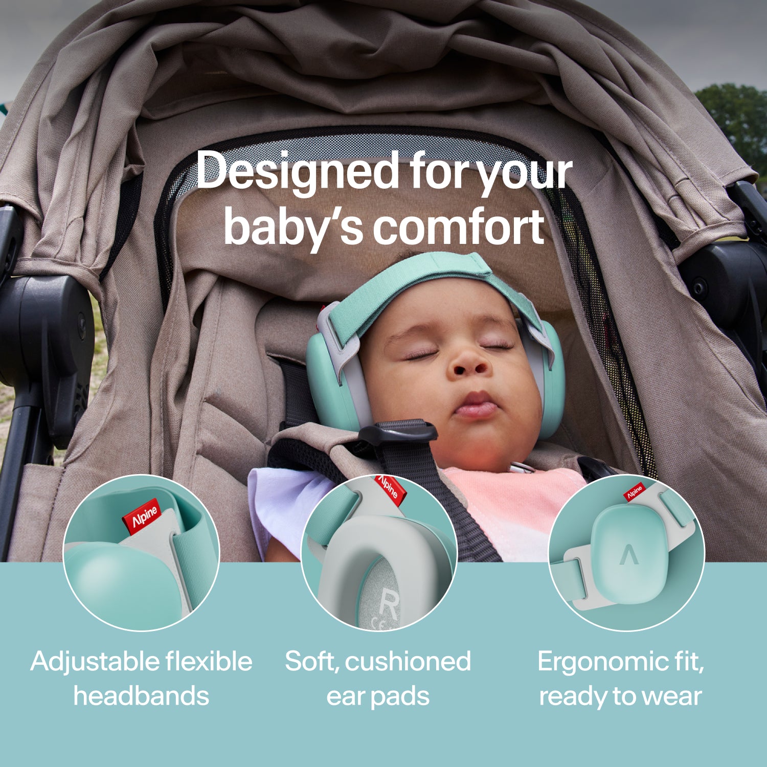 Sleeping baby wearing fresh aqua Alpine ear muffs in stroller, adjustable headband and soft ear pads 