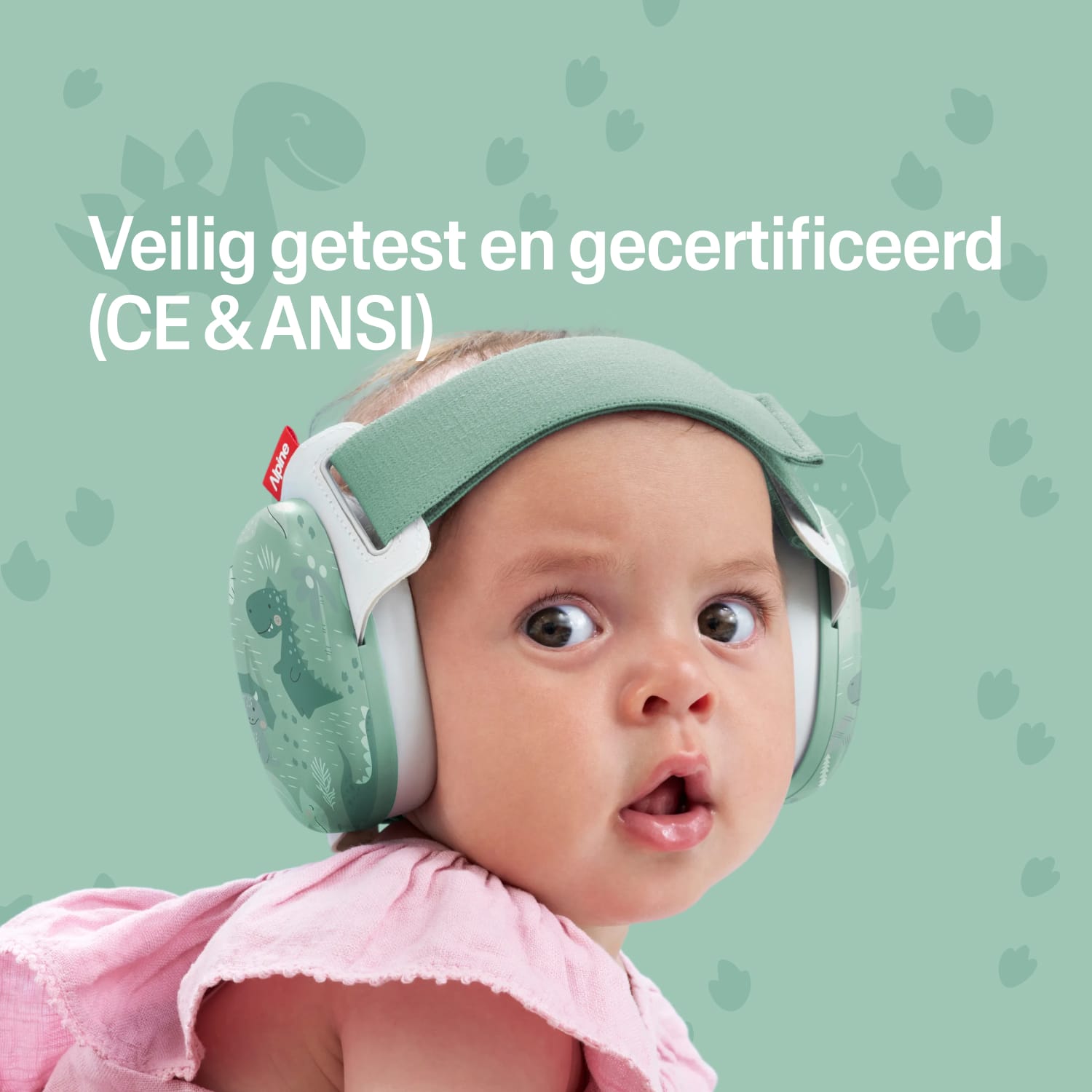 Baby met Alpine gehoorbescherming met dinosaurusprint, veilig getest en gecertificeerd CE & ANSI 