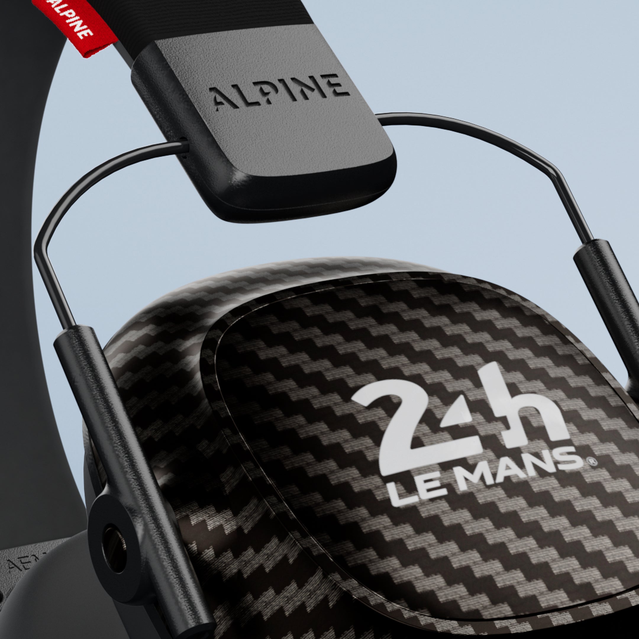 Close-up of an Alpine 24h Le Mans Earmuffs ear cup with 24h Le Mans logo and Alpine headband 