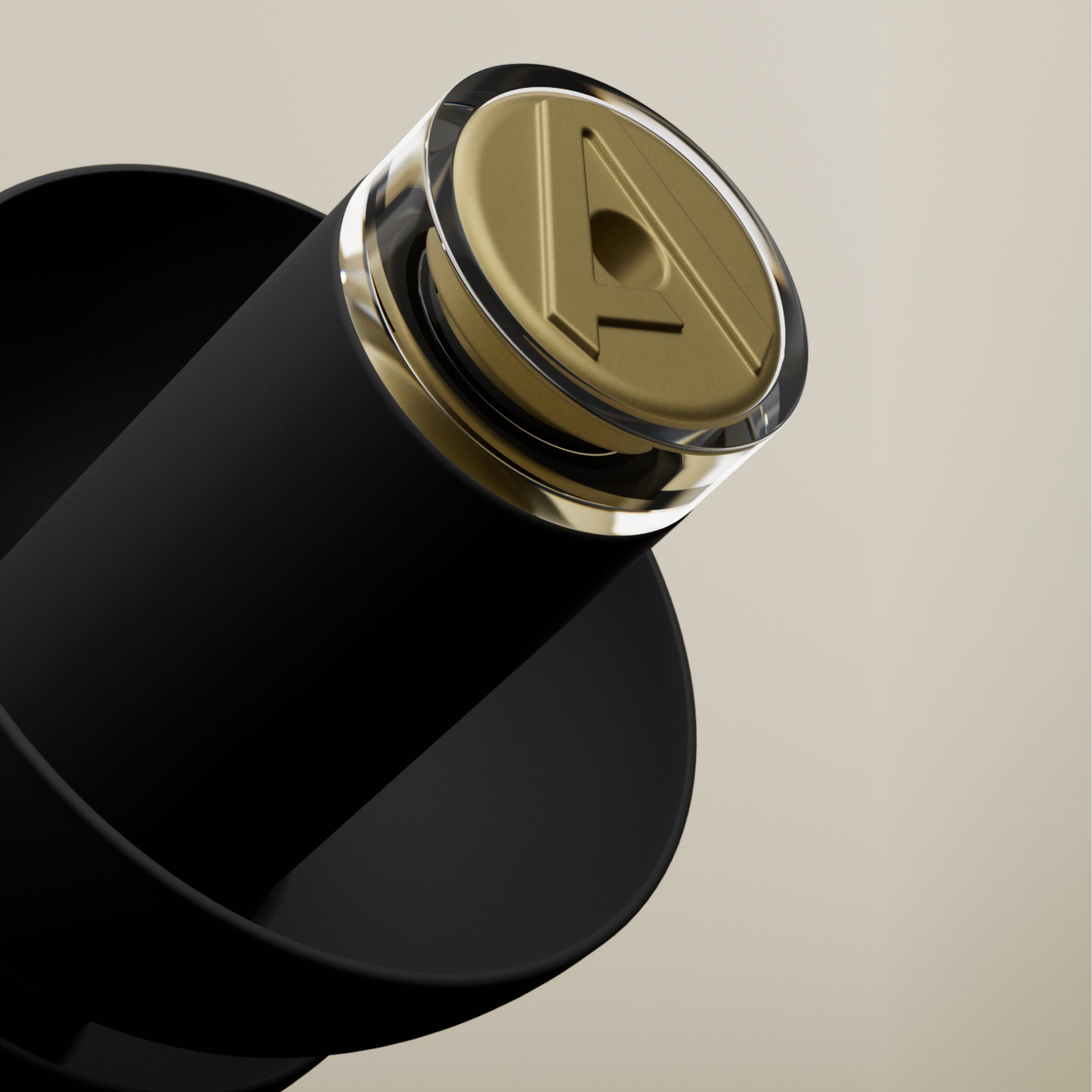 Close-up of the gold-tone filter with Alpine logo on an Alpine MusicSafe Pro Black earplug 