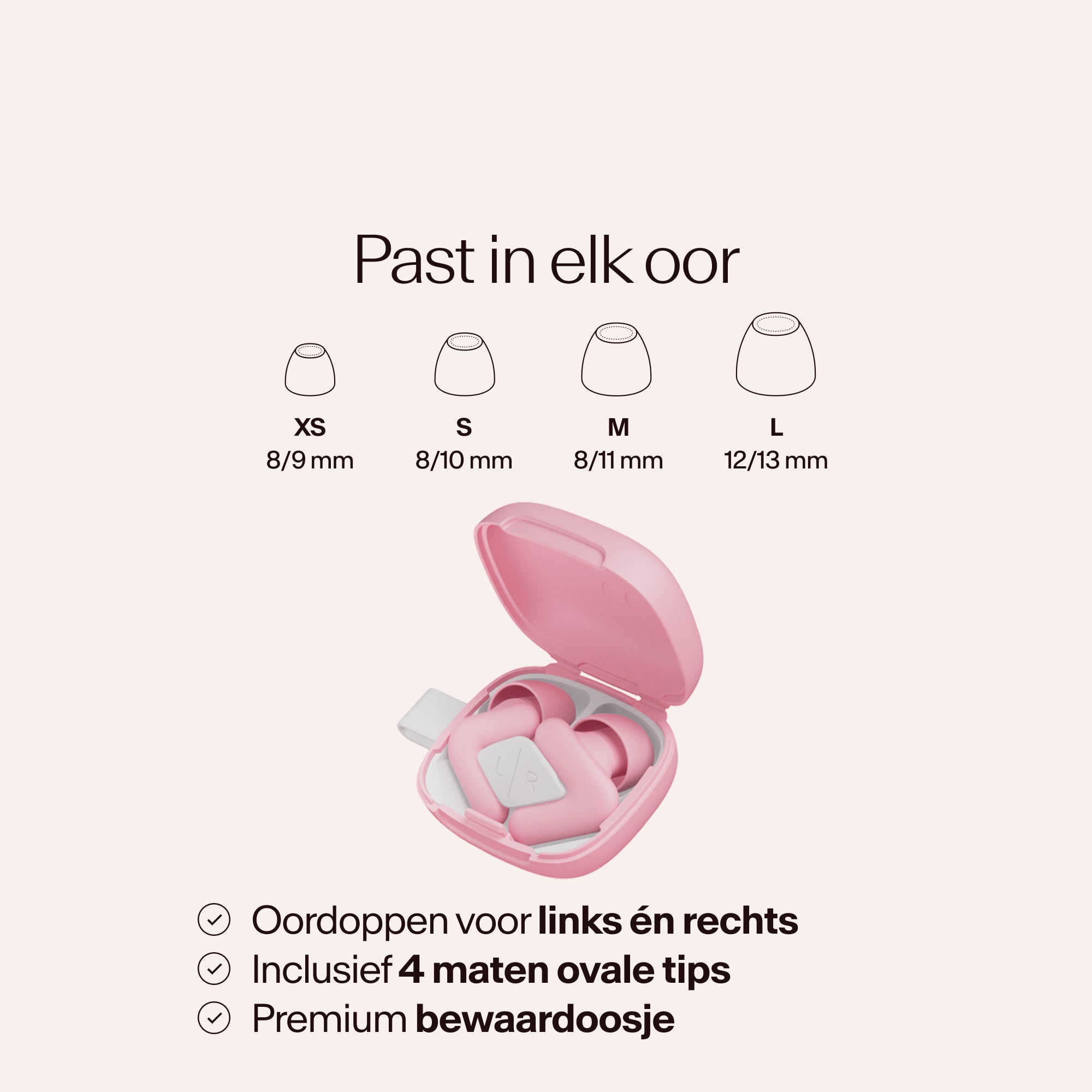 Beige earbud case with size chart on a light pink background #color_pink  #lang_nl
