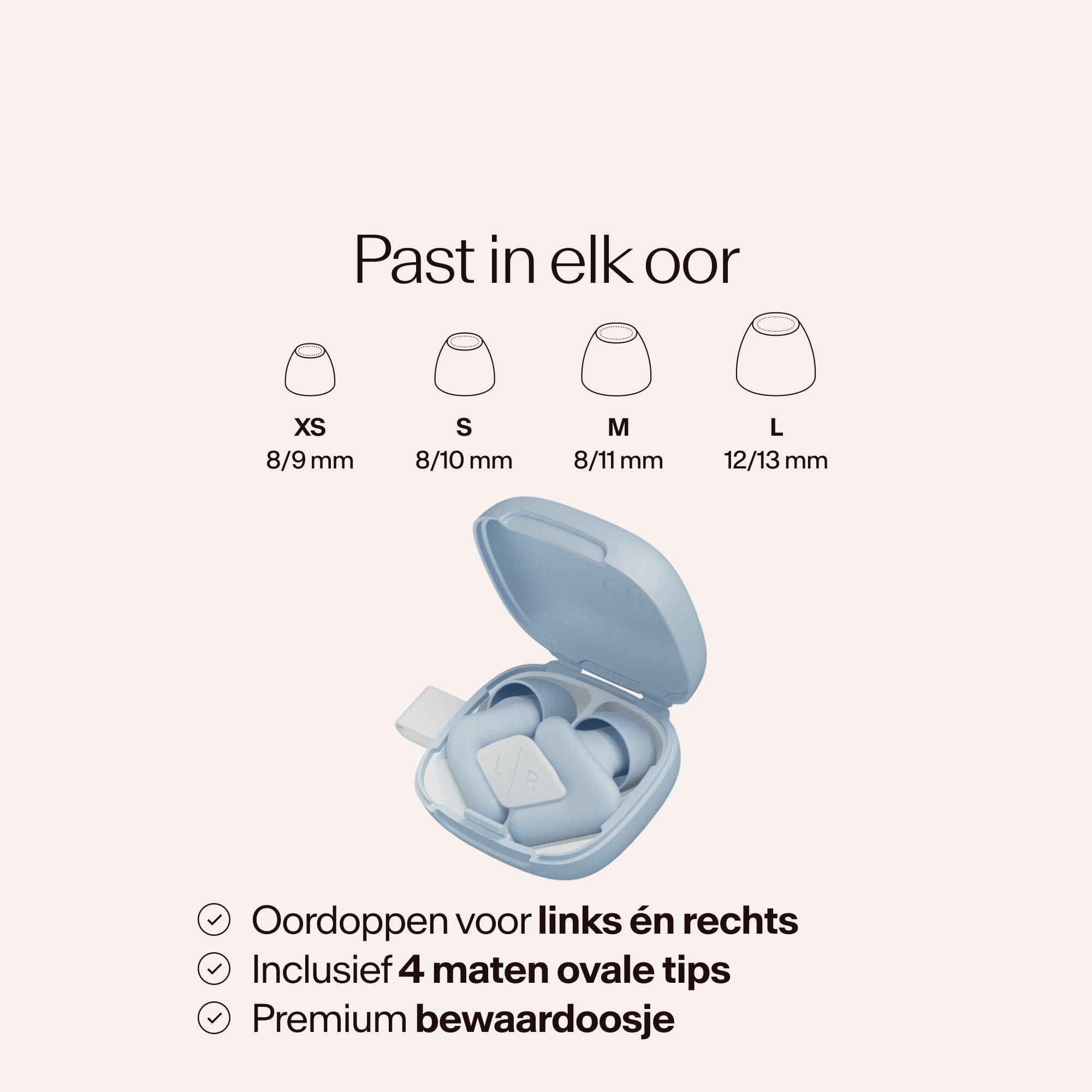 Beige earbud case with size chart on a light pink background #color_blue  #lang_nl