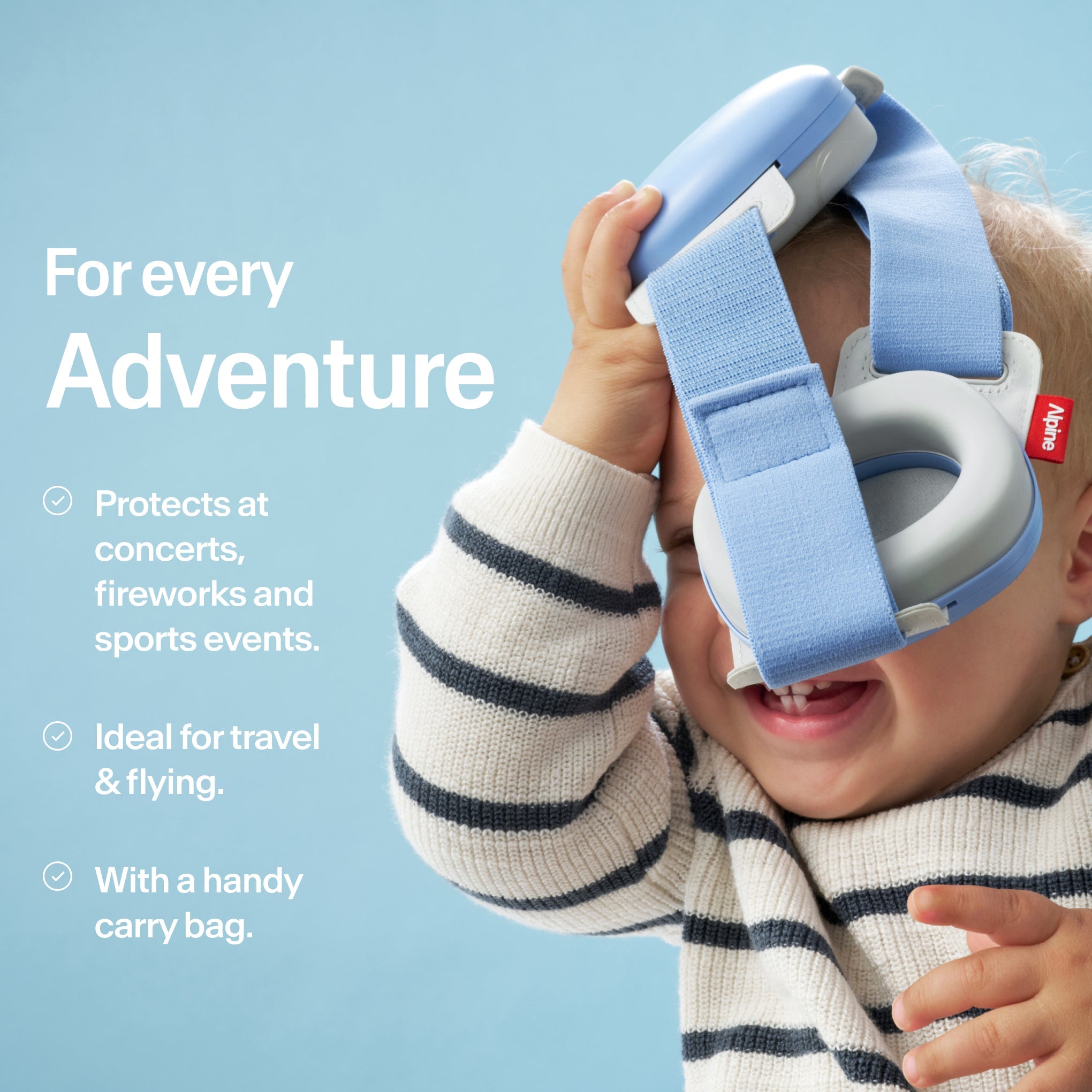 Baby holding Alpine Muffy Baby in sky blue in hand with USPs for use 