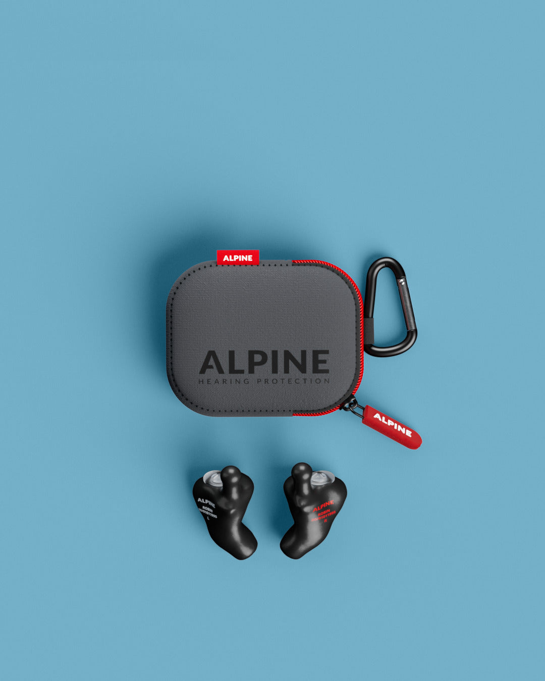 Vue d’ensemble des bouchons d’oreilles Alpine MusicSafe Sur Mesure 4D avec accessoires noir