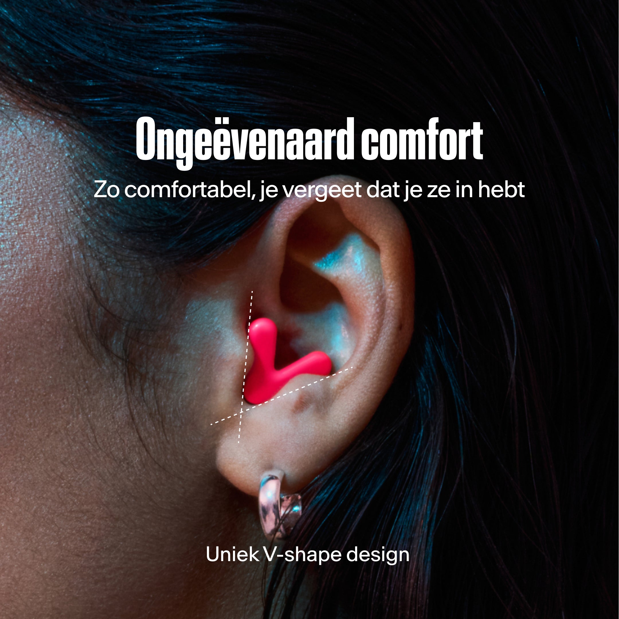 detailed image of an ear with an alpine tune earplug in neon-pink showing the snug fit in ear  #lang_nl#color_neon-pink