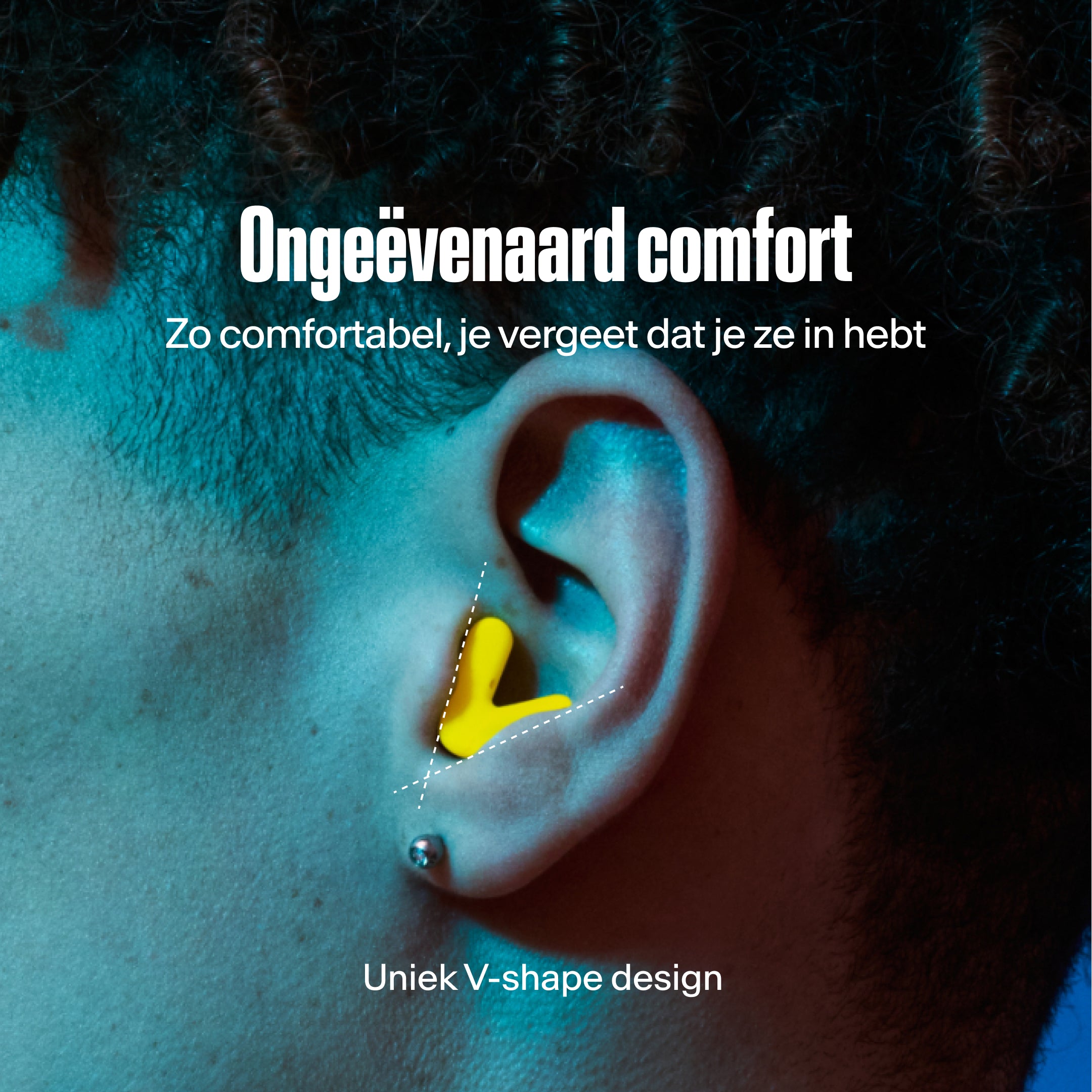detailed image of an ear with an alpine tune earplug in neon-yellow showing the snug fit in ear 