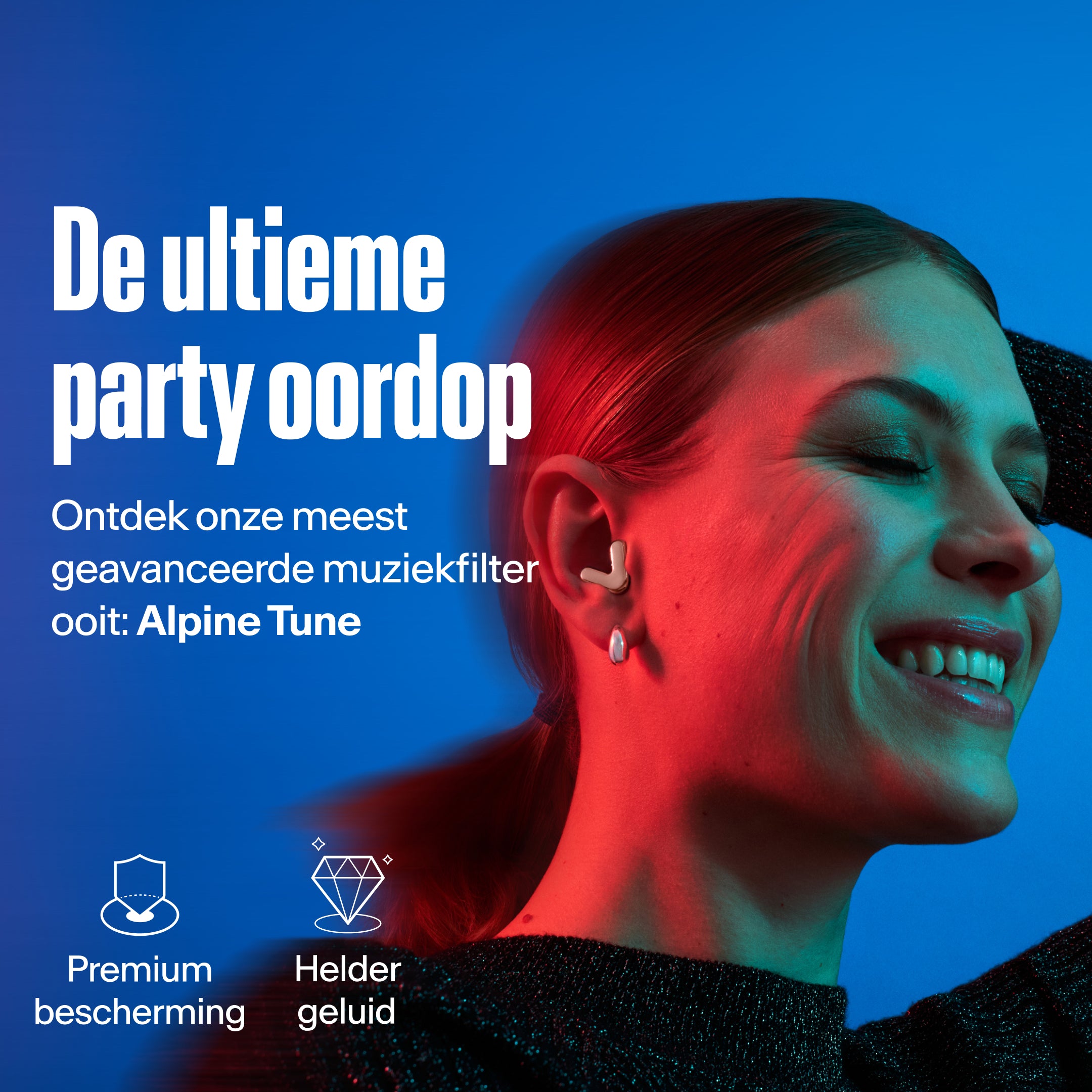 Vrouw draagt Alpine Tune in rose-gold – toont USP geavanceerde muziekfilter #color_rose-gold #lang_nl