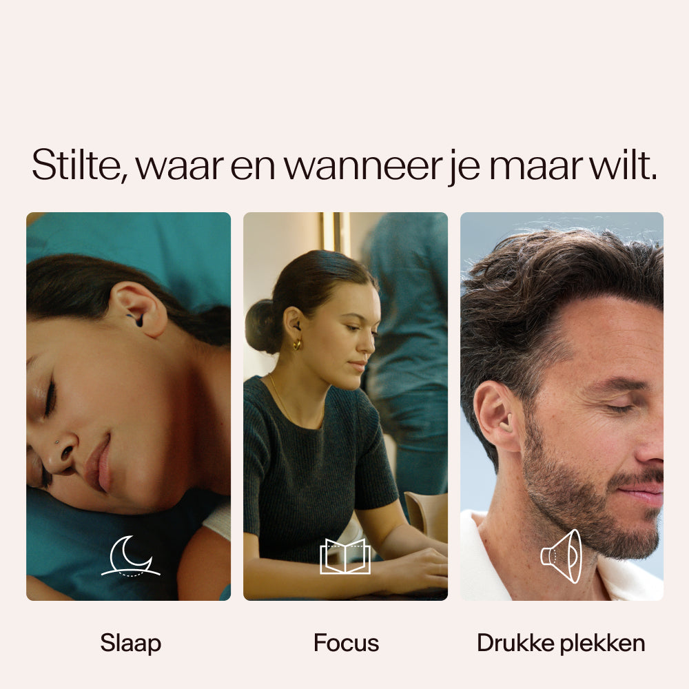 Three people in different states of rest or focus with text and icons indicating 'Sleep', 'Focus', and 'Press spots' #color_beige  #lang_nl