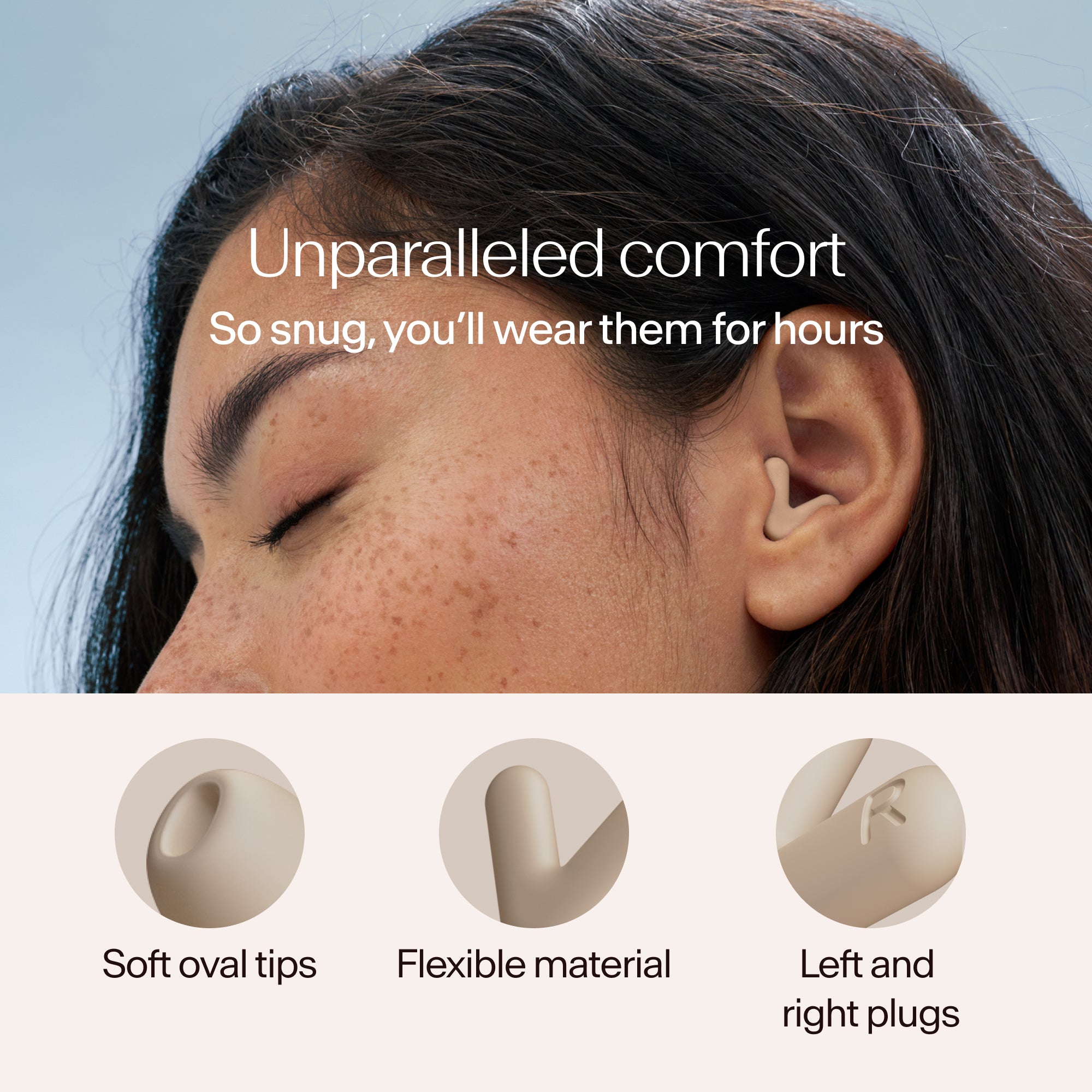 Close-up of a person wearing Alpine Silence earplugs in beige, with text about comfort and product features 