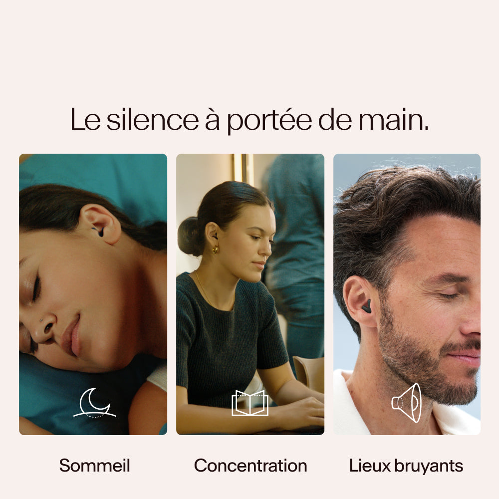 Trois personnes dans différents états de repos ou de concentration portant Alpine Silence en noir, avec du texte et des icônes indiquant « Sommeil », « Concentration » et « Lieux bruyants » 