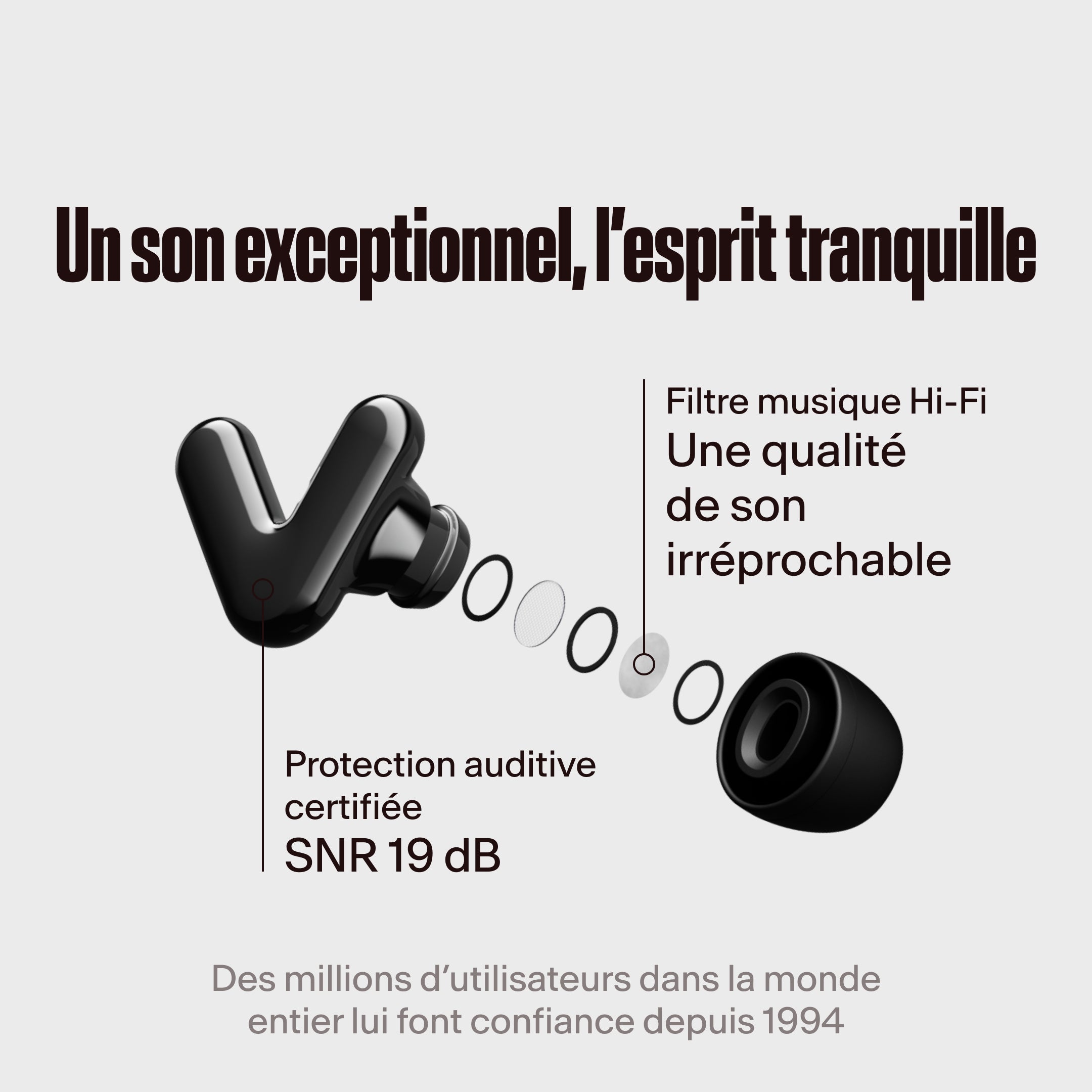 Écouteurs Alpine Tune noirs avec filtre hi-fi mis en avant, avec le texte &