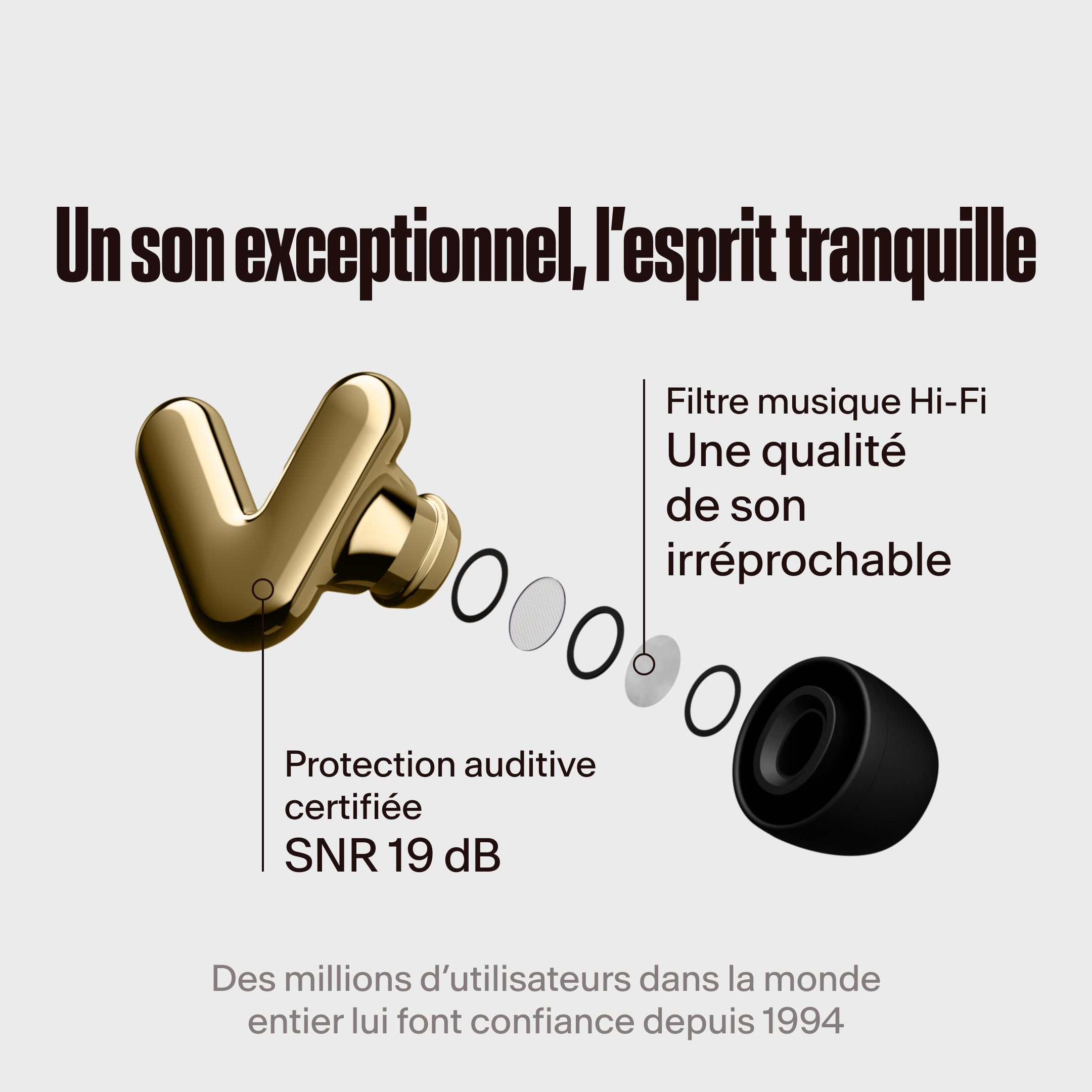 Écouteurs Alpine Tune dorés avec filtre hi-fi mis en avant, avec le texte &