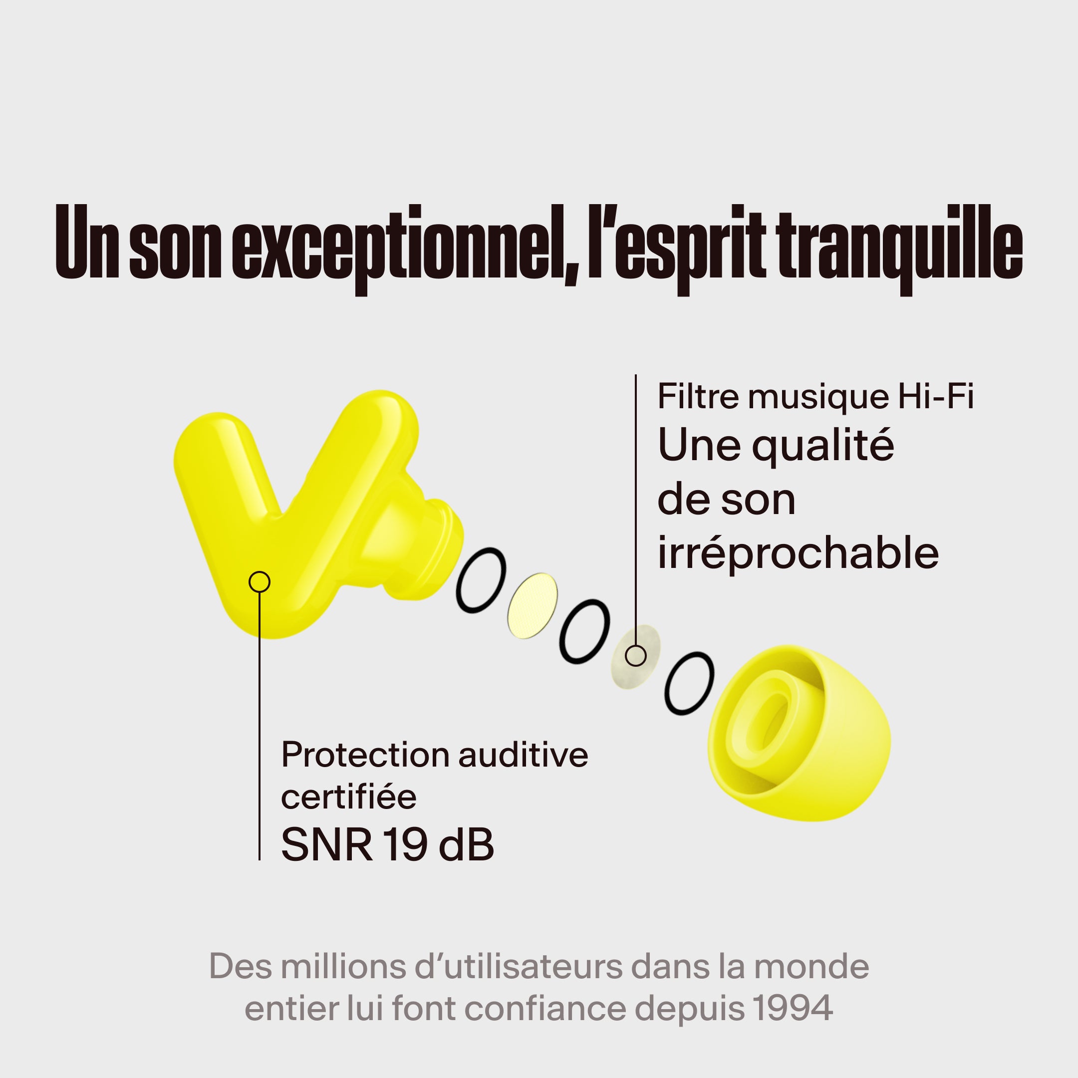 Écouteurs Alpine Tune jaune néon avec filtre hi-fi mis en avant, avec le texte &