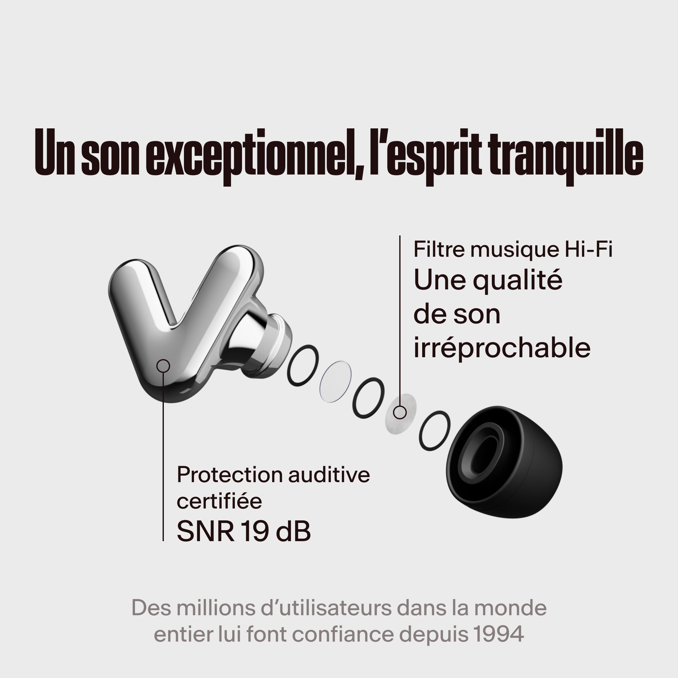 Écouteurs Alpine Tune argentés avec filtre hi-fi mis en avant, avec le texte &